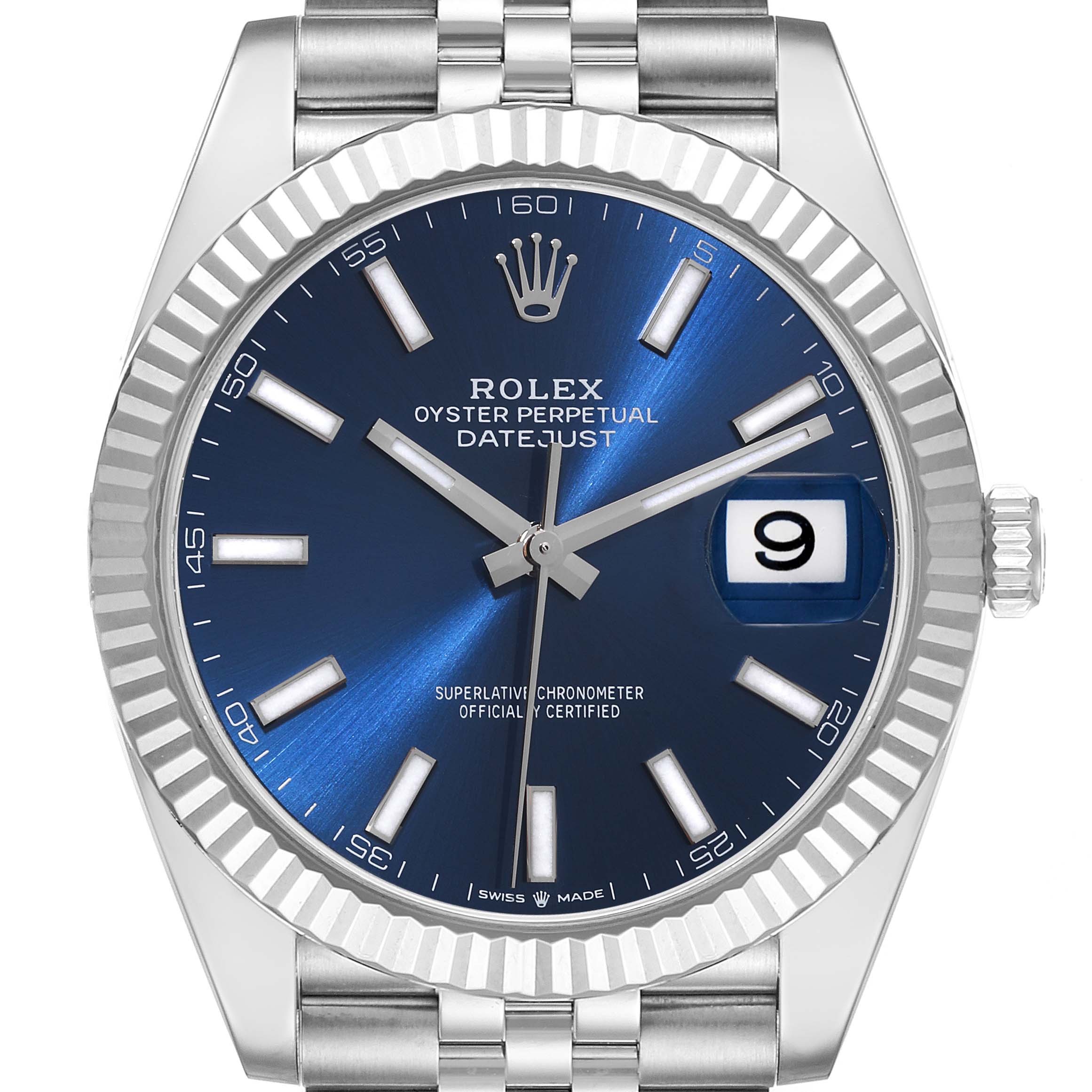 This image shows a Rolex Datejust 41 126334 Men
s Stainless Steel Blue Dial 126334 Men
s Stainless Steel Blue Dial model watch, front view, highlighting its blue dial, fluted bezel, and date window at 3 o
clock.