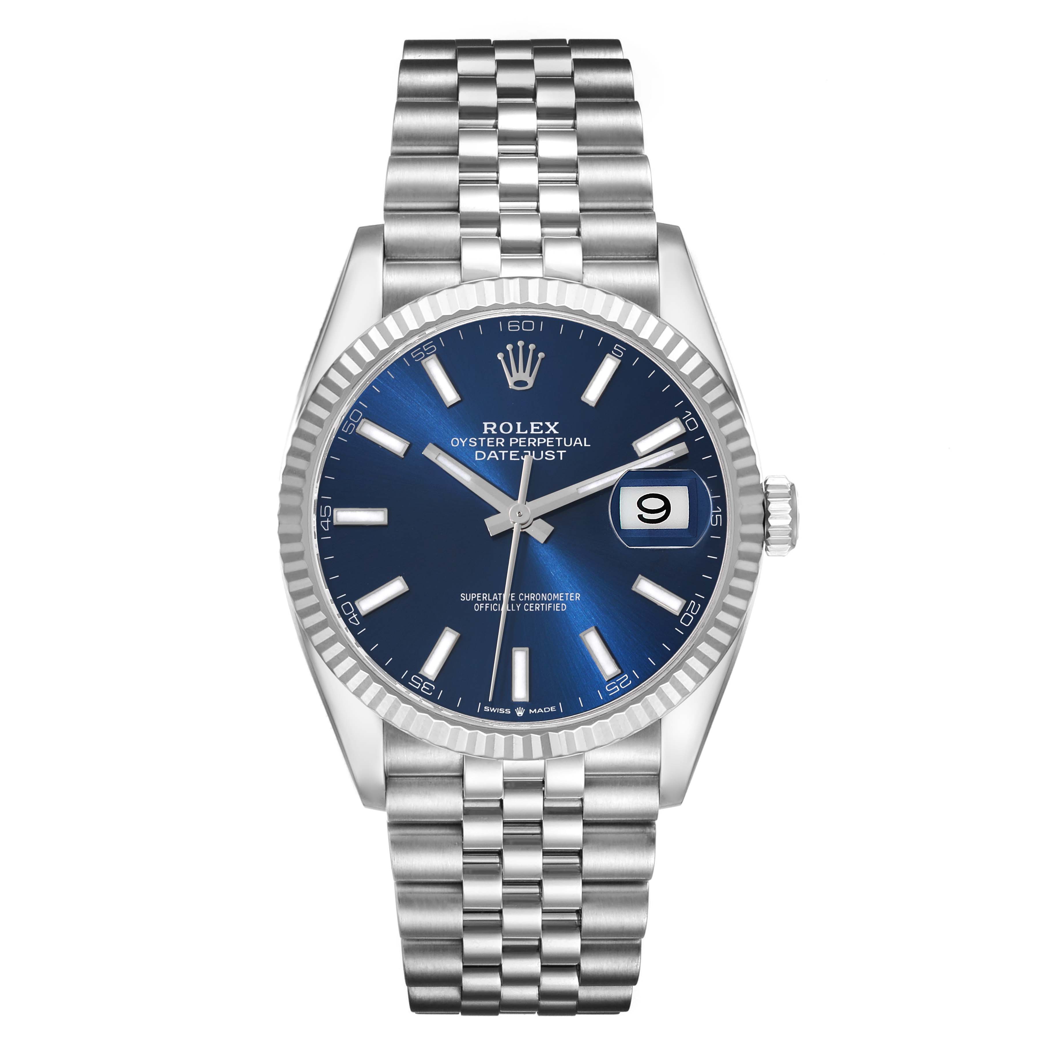 The image shows a front view of a Rolex Datejust 41 126334 Men
s Stainless Steel Blue Dial 126334 Men
s Stainless Steel Blue Dial watch with a blue dial and Jubilee bracelet.