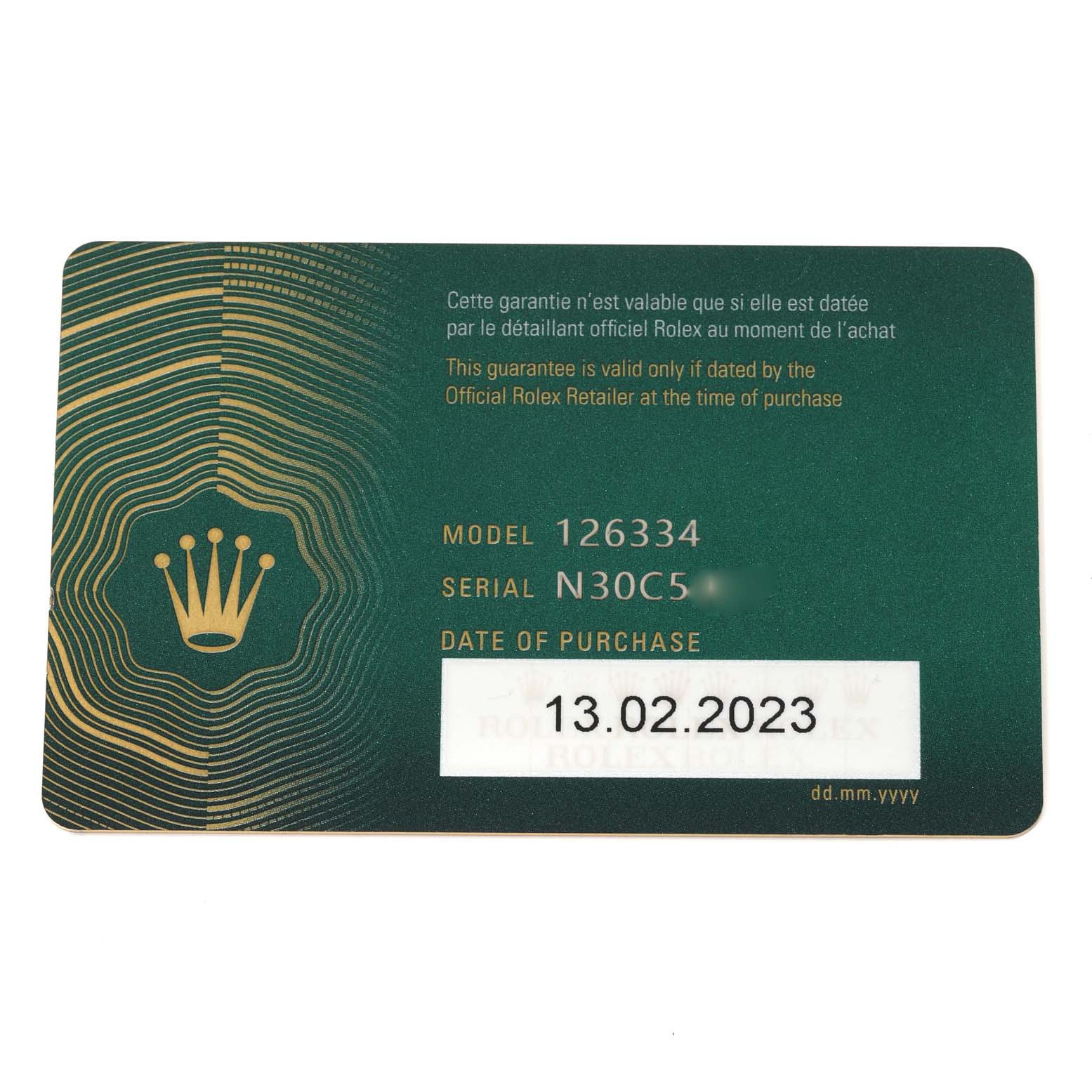 The image shows a warranty card for the Rolex Datejust 41 126334 Men
s Stainless Steel Blue Dial 126334 Men
s Stainless Steel Blue Dial model, including the model number, serial number, and date of purchase.