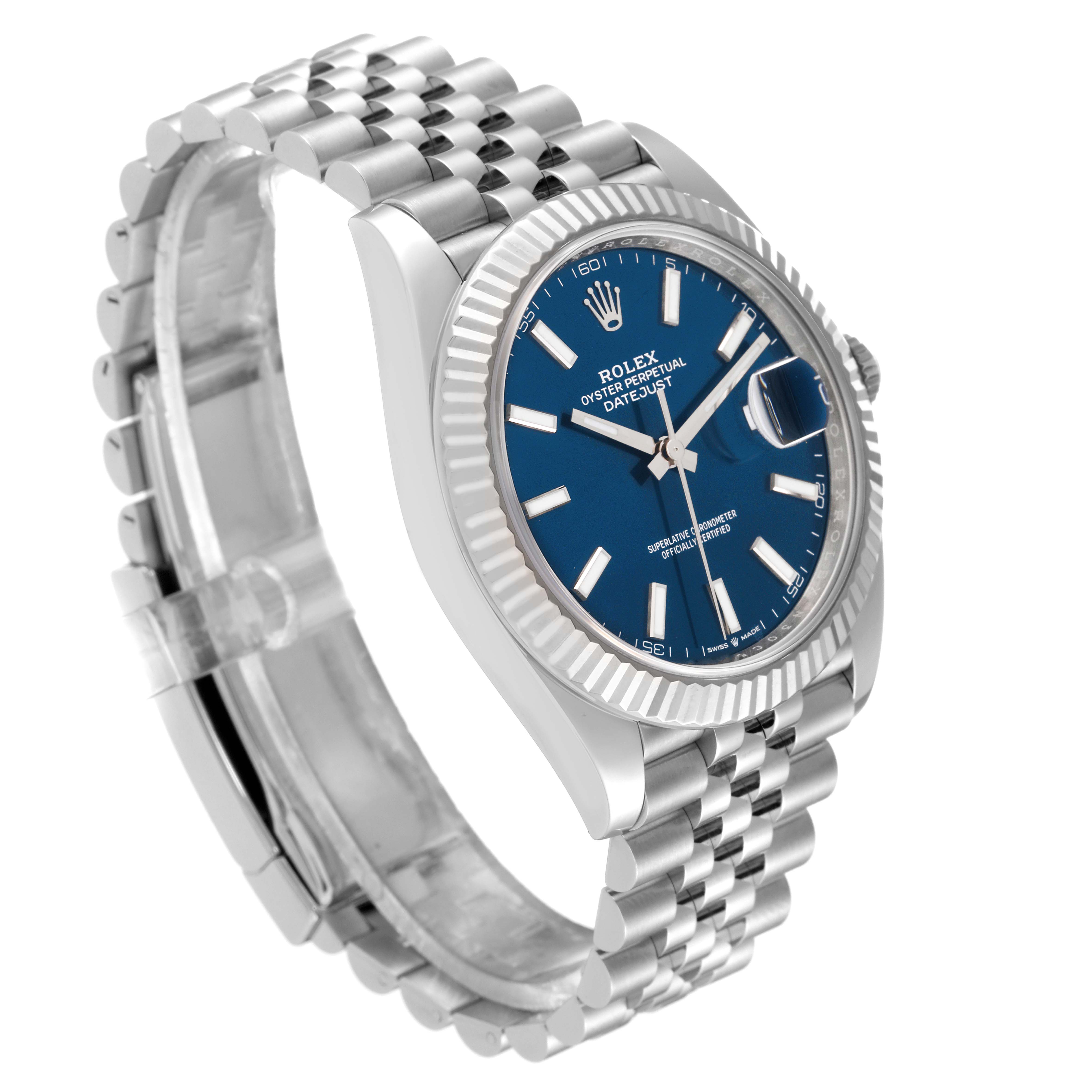 The image shows a Rolex Datejust 41 126334 Men
s Stainless Steel Blue Dial 126334 Men
s Stainless Steel Blue Dial watch at a three-quarter angle, highlighting the blue dial, fluted bezel, and jubilee bracelet.