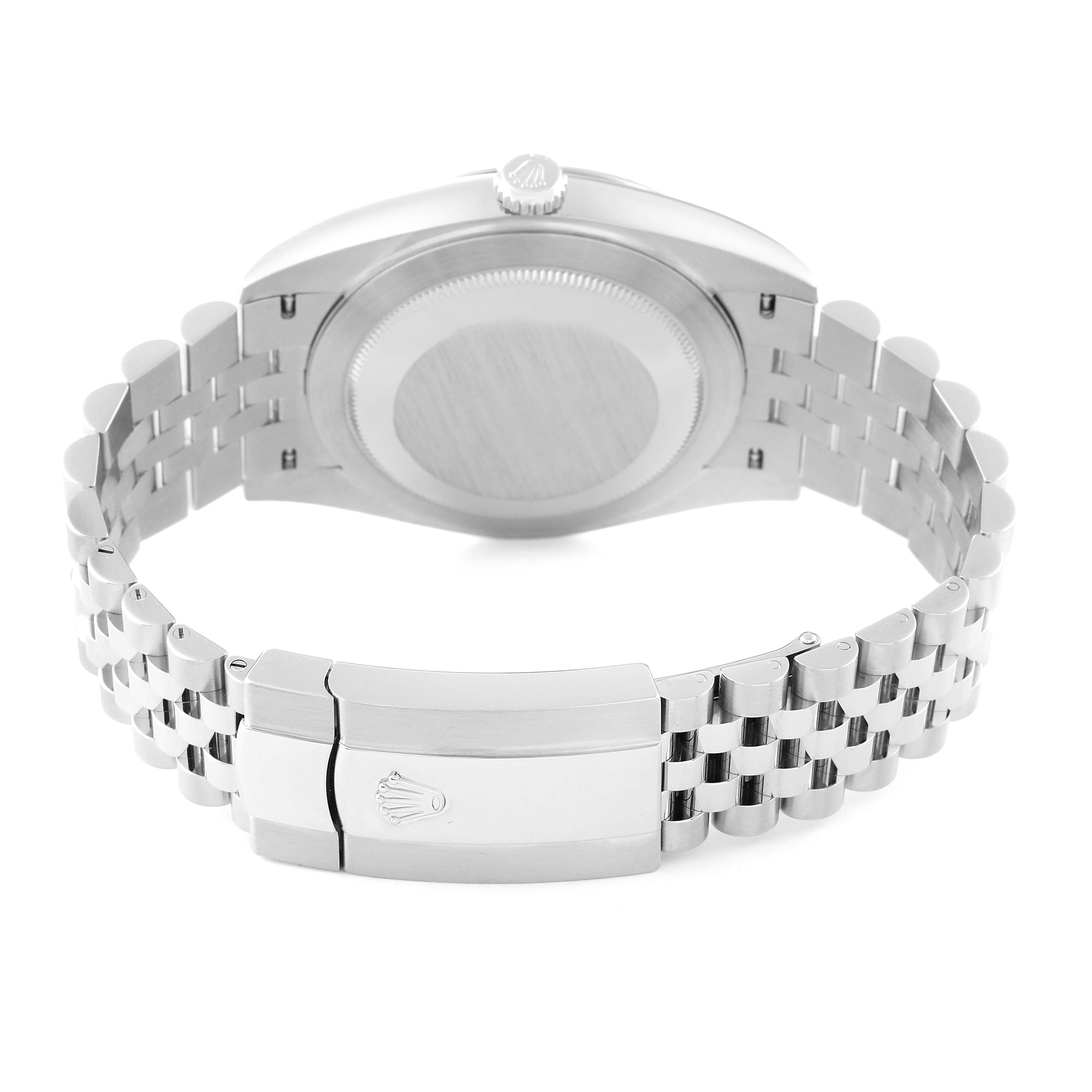 The image shows the back view of the Rolex Datejust 41 126334 Men
s Stainless Steel Blue Dial 126334 Men
s Stainless Steel Blue Dial watch, focusing on the case back and the Jubilee bracelet with the clasp.