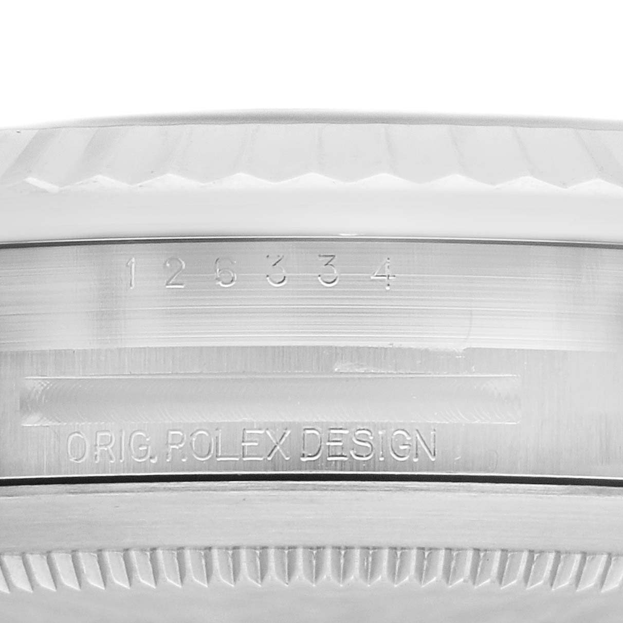 This image shows a close-up of the case side, model number, and bezel of a Rolex Datejust 41 126334 Men
s Stainless Steel Blue Dial 126334 Men
s Stainless Steel Blue Dial watch.