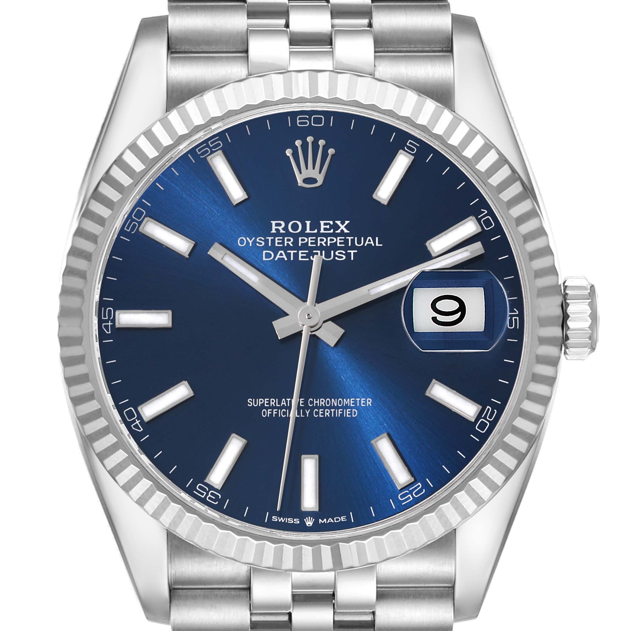 This image displays a front view of the Rolex Datejust 41 126334 Men
s Stainless Steel Blue Dial 126334 Men
s Stainless Steel Blue Dial watch, featuring its blue dial, fluted bezel, and Jubilee bracelet.