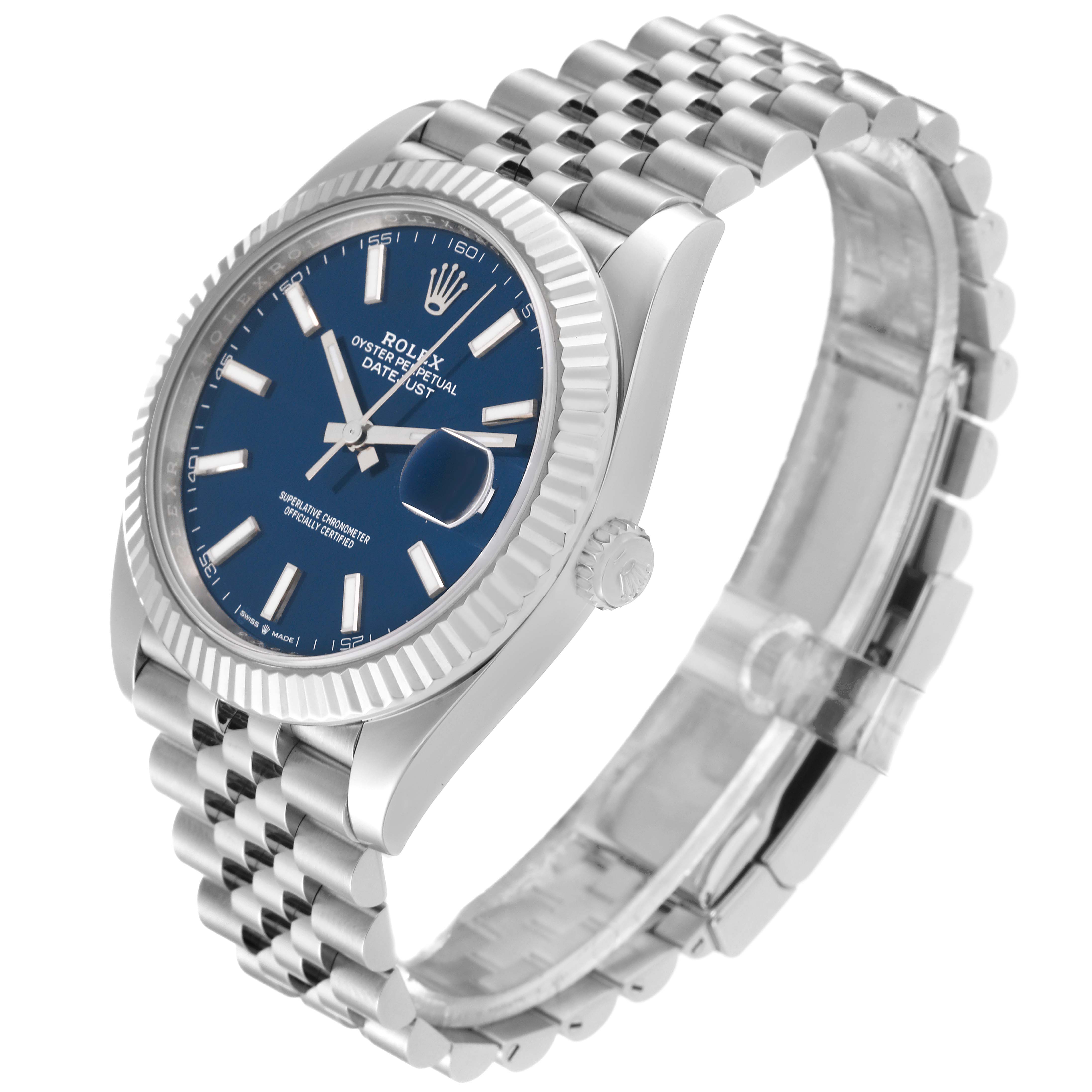 The image shows a Rolex Datejust 41 126334 Men
s Stainless Steel Blue Dial 126334 Men
s Stainless Steel Blue Dial watch at a slight angle, highlighting its blue dial, fluted bezel, and Jubilee bracelet.