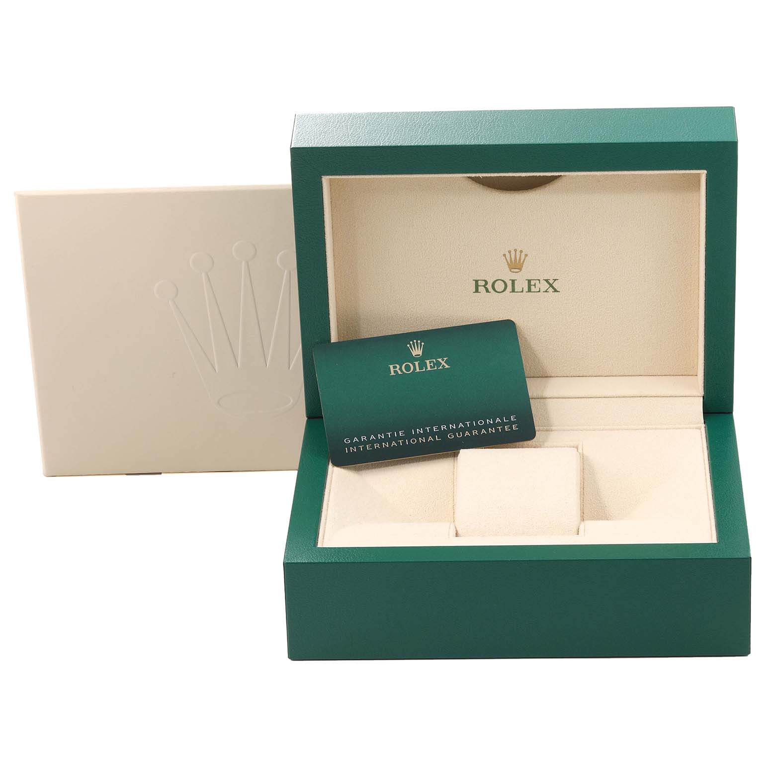 This image shows the open green and beige box and international guarantee card for the Rolex Datejust 41 126334 Men
s Stainless Steel Blue Dial 126334 Men
s Stainless Steel Blue Dial model.