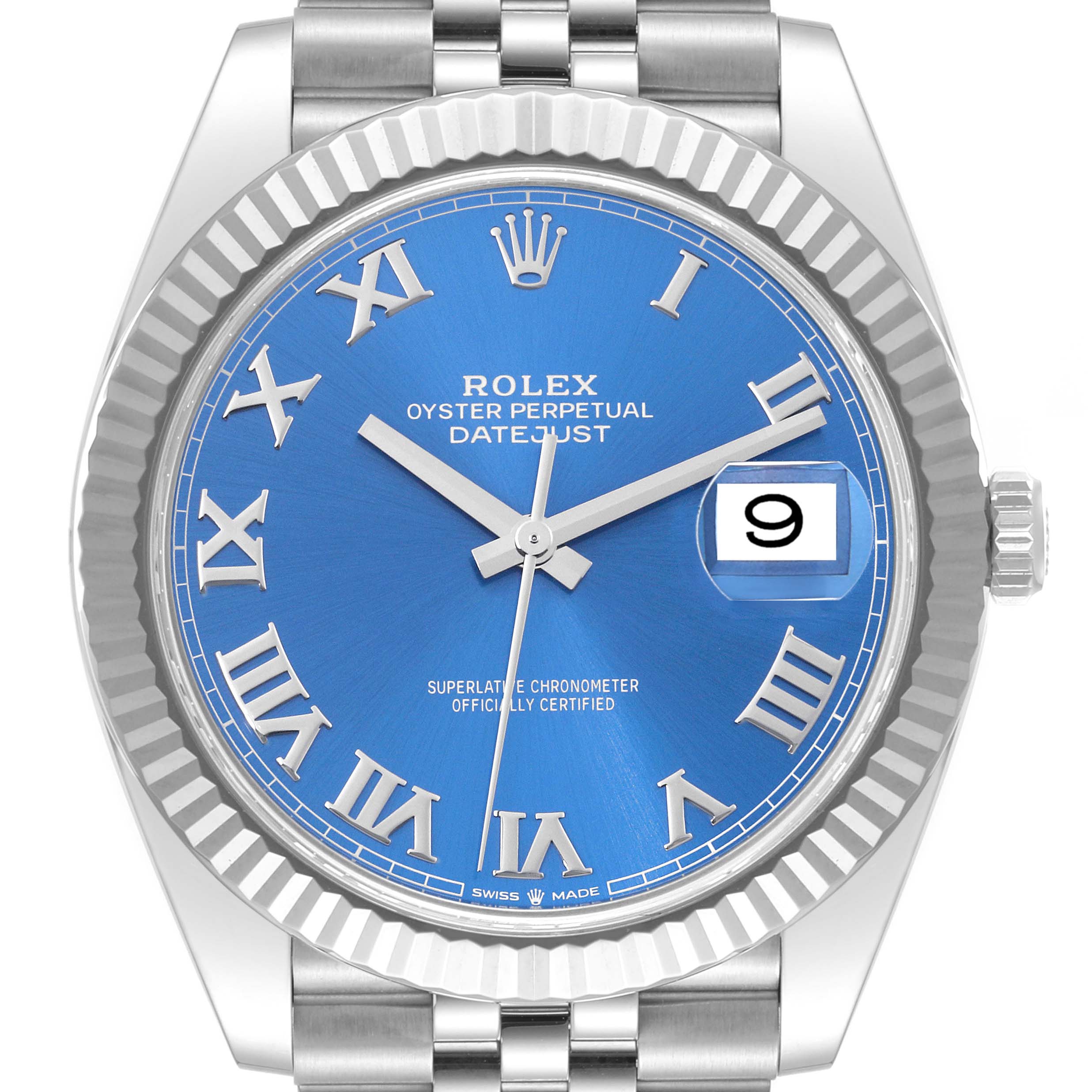 This is a frontal view of the Rolex Datejust 41 126334 Men
s Stainless Steel Blue Dial 126334 Men
s Stainless Steel Blue Dial, showcasing the blue dial, Roman numerals, fluted bezel, and date window at 3 o
clock.