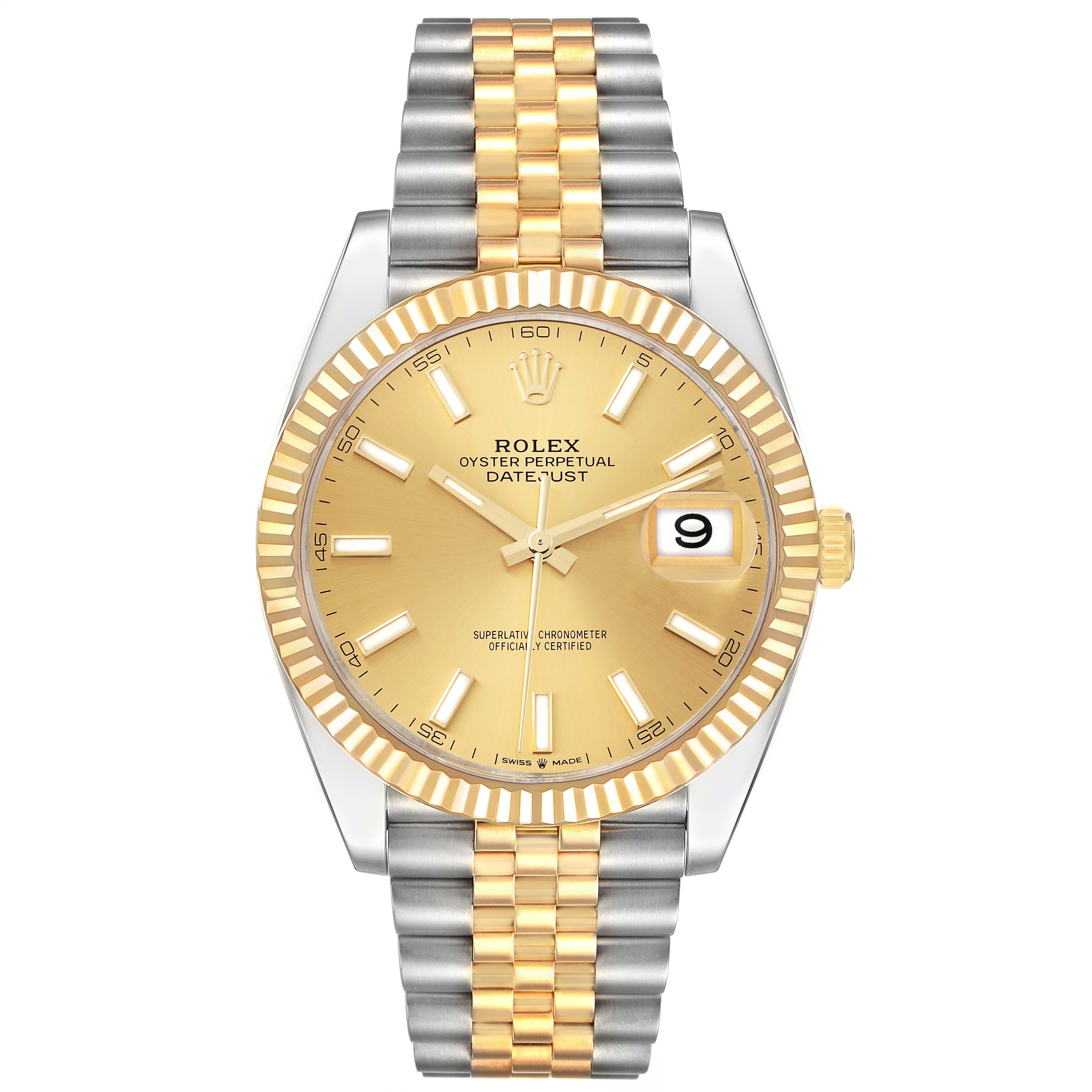 This image shows a front view of the Rolex Datejust 41 126333 Men's Steel and Gold (two tone) Champagne Dial 126333 Men's Steel and Gold (two tone) Champagne Dial watch, featuring a gold and silver bracelet, fluted bezel, and date window.