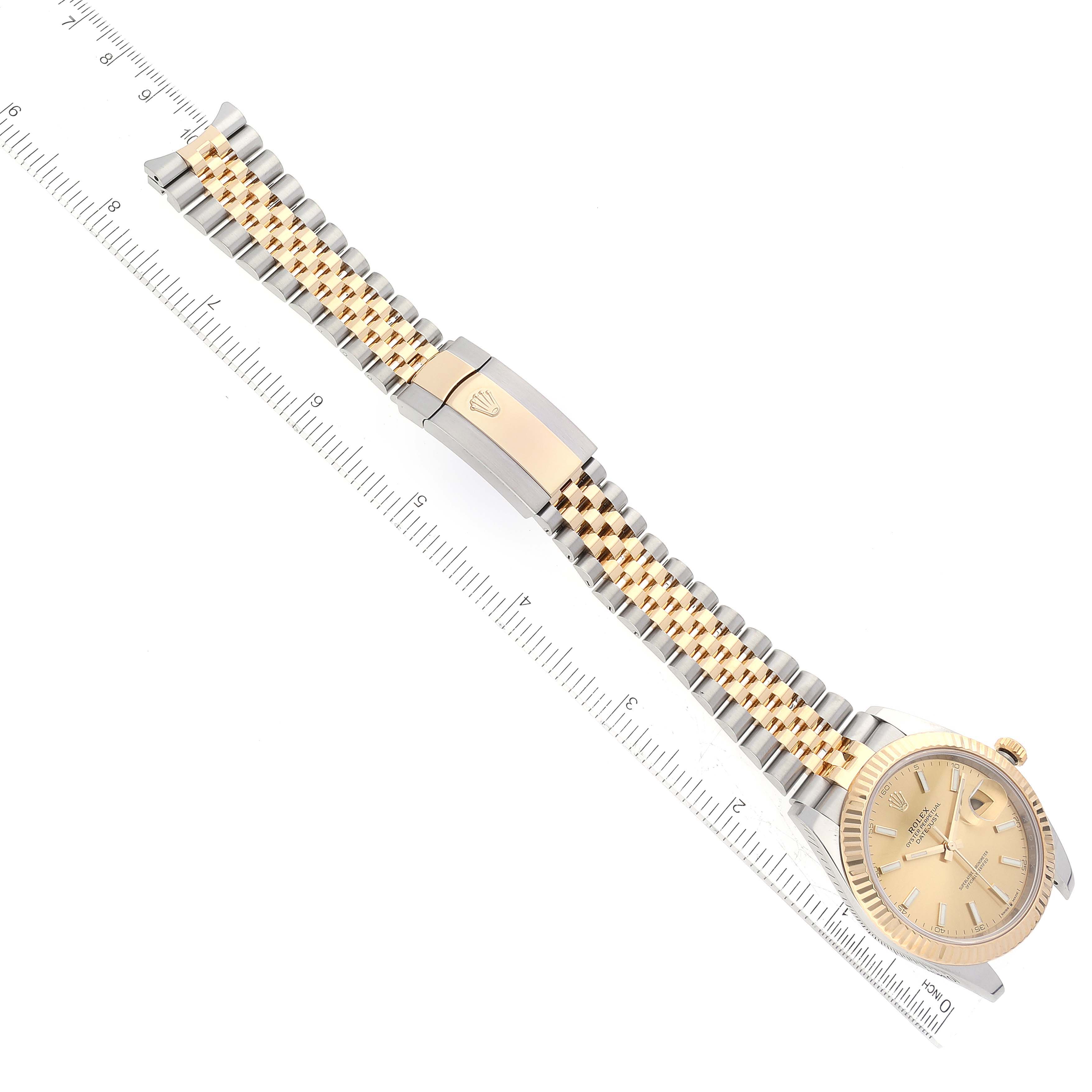 This image shows an overhead view of the Rolex Datejust 41 126333 Men's Steel and Gold (two tone) Champagne Dial 126333 Men's Steel and Gold (two tone) Champagne Dial watch, displaying the face and two-tone bracelet with a clasp.