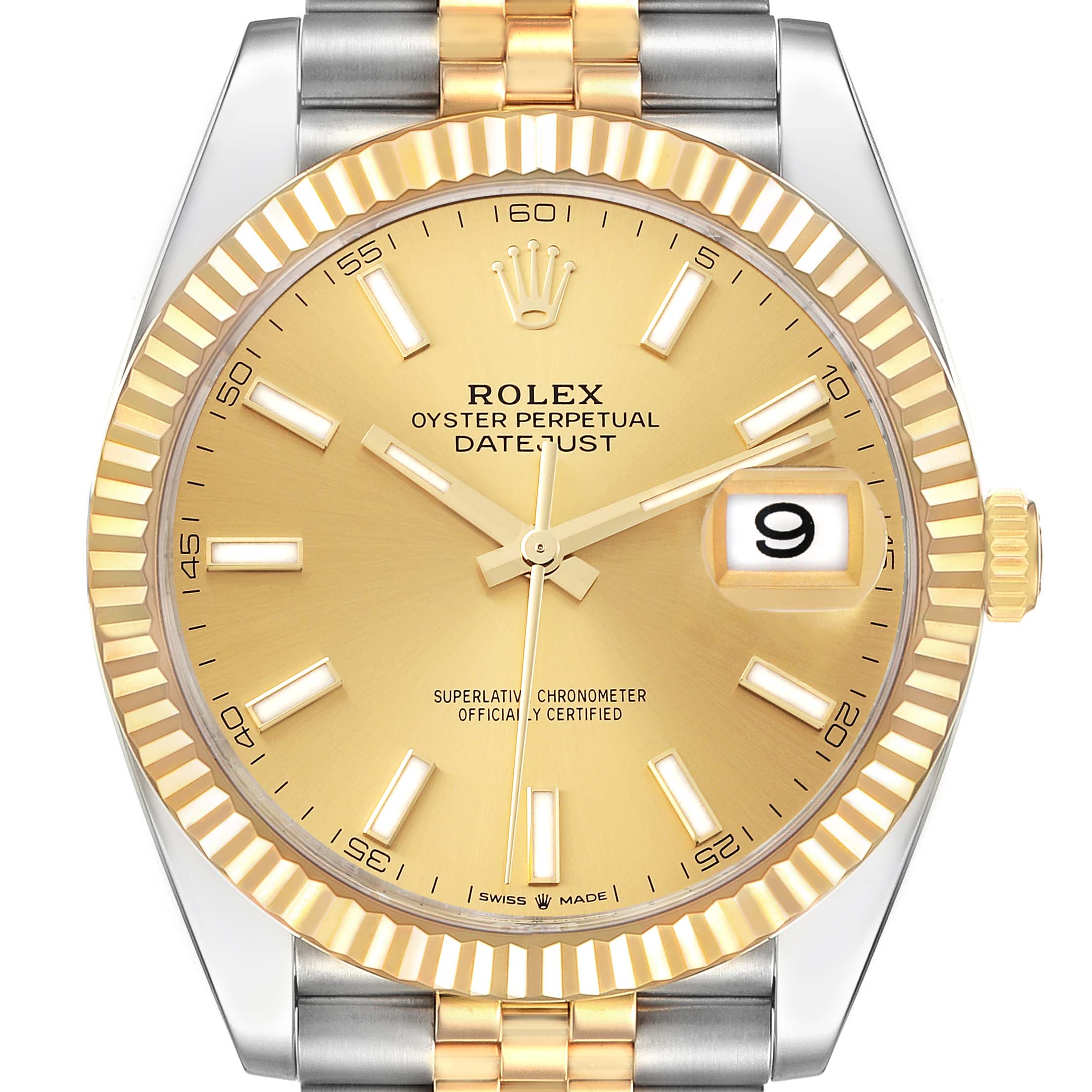 This is a front view of the Rolex Datejust 41 126333 Men's Steel and Gold (two tone) Champagne Dial 126333 Men's Steel and Gold (two tone) Champagne Dial watch, showcasing its gold dial, fluted bezel, and two-tone bracelet.