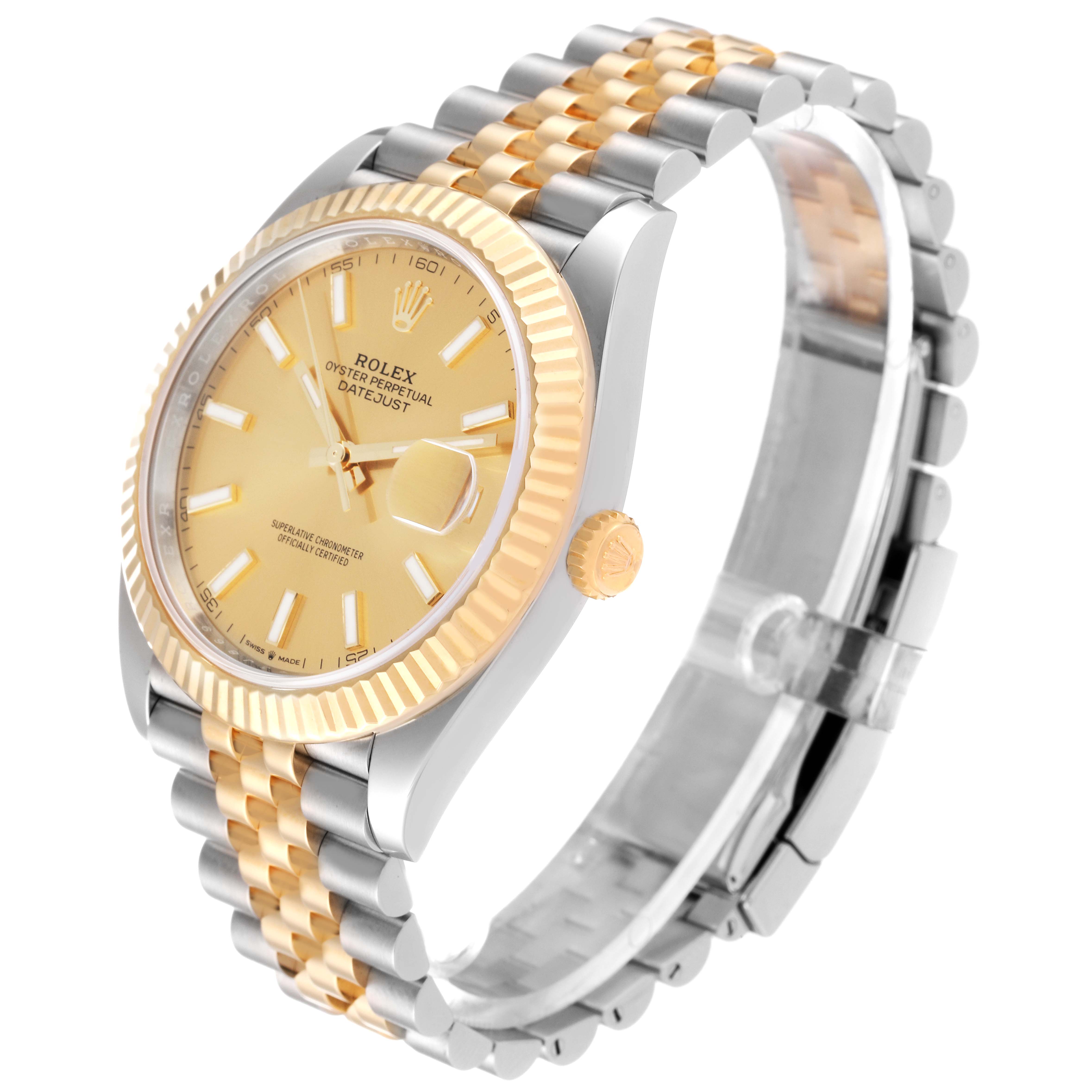 The image shows a Rolex Datejust 41 126333 Men's Steel and Gold (two tone) Champagne Dial 126333 Men's Steel and Gold (two tone) Champagne Dial watch at a three-quarter angle, highlighting the face, bezel, crown, and bracelet.