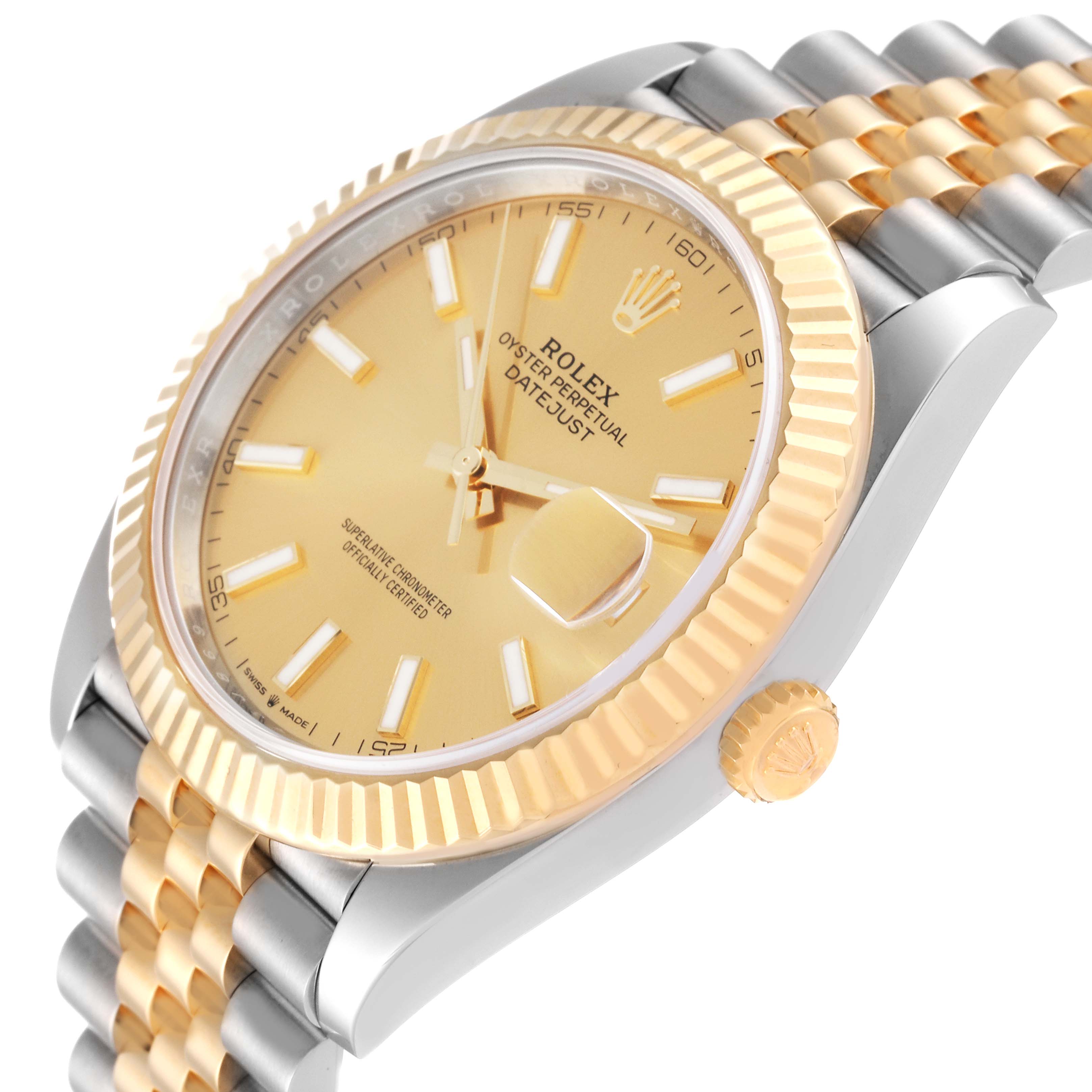 This image shows a close-up angled view of the dial, bezel, crown, and bracelet of the Rolex Datejust 41 126333 Men's Steel and Gold (two tone) Champagne Dial 126333 Men's Steel and Gold (two tone) Champagne Dial watch.