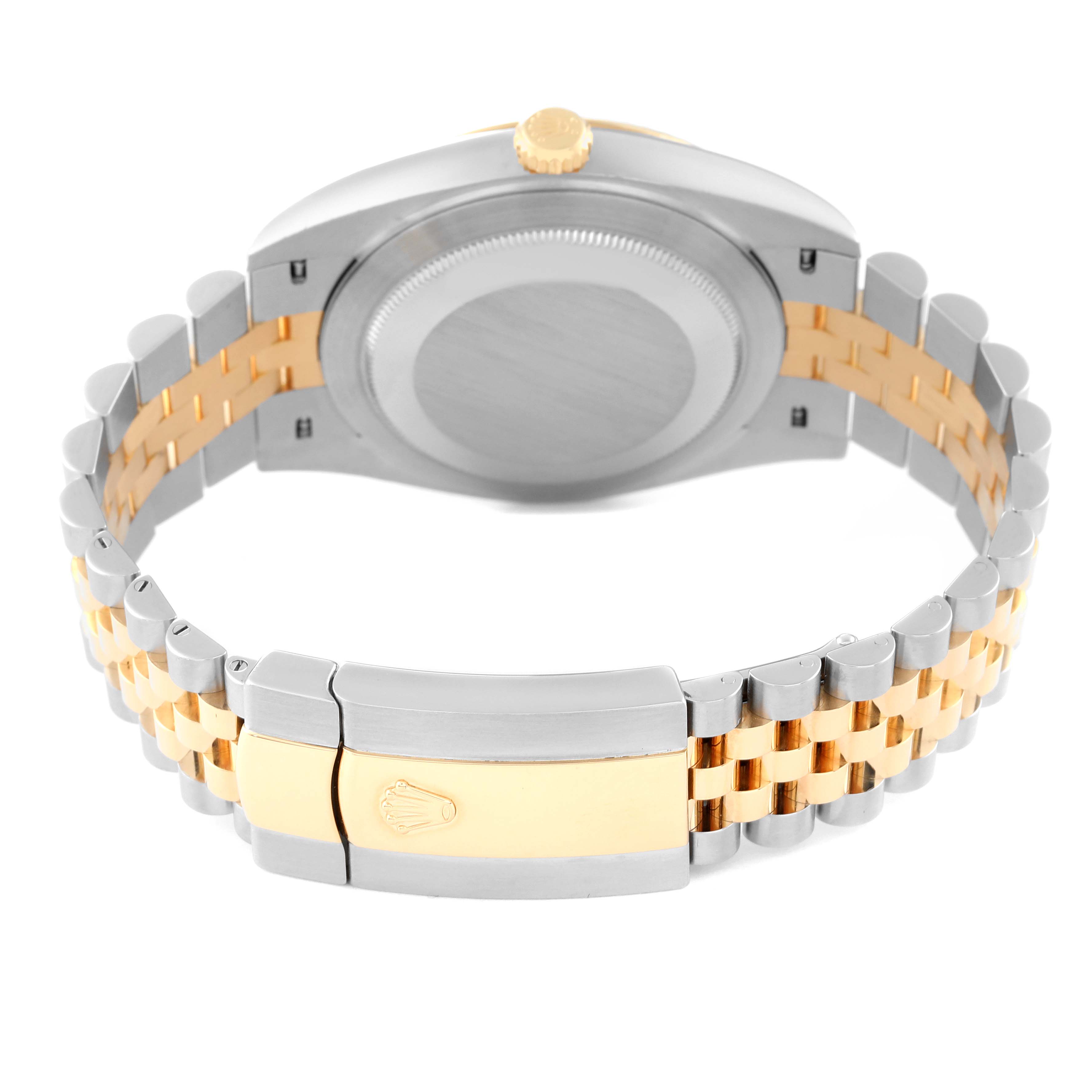 The image shows the back of a Rolex Datejust 41 126333 Men's Steel and Gold (two tone) Silver Dial 126333 Men's Steel and Gold (two tone) Silver Dial watch with a two-tone metal bracelet and closed clasp in focus.