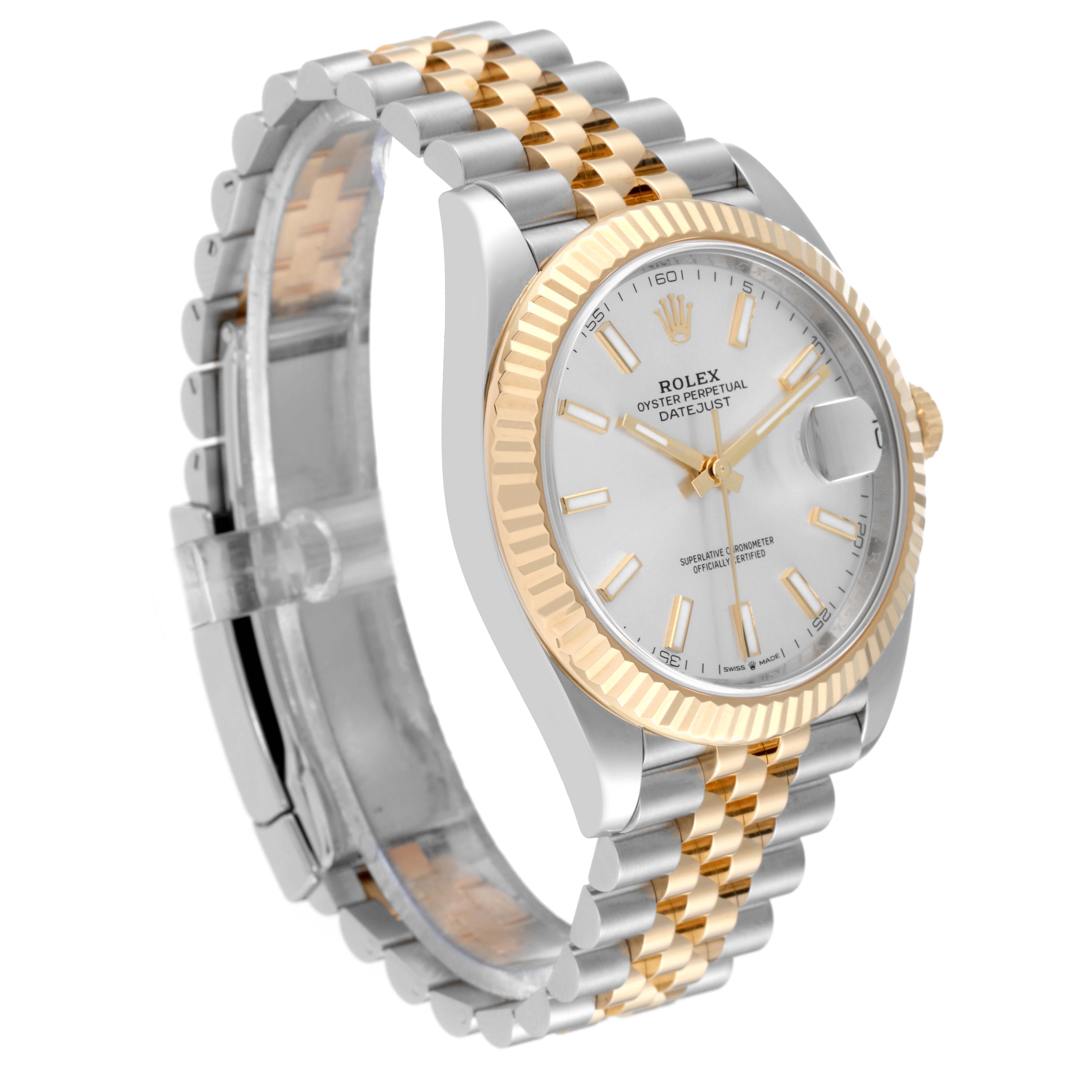 The image shows a Rolex Datejust 41 126333 Men's Steel and Gold (two tone) Silver Dial 126333 Men's Steel and Gold (two tone) Silver Dial model from an angled side view, highlighting its jubilee bracelet, fluted bezel, and dial.