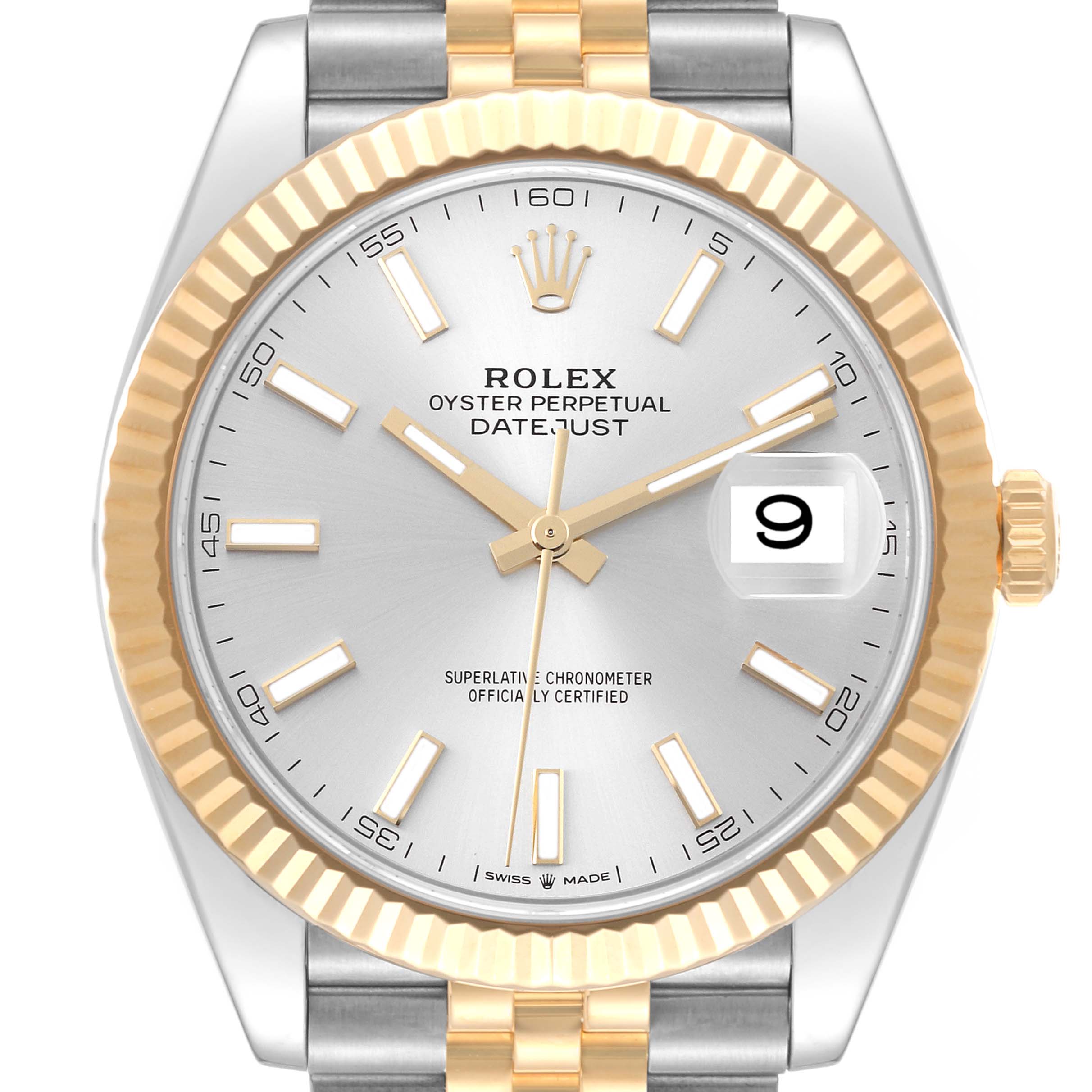 The image shows a front view of the Rolex Datejust 41 126333 Men's Steel and Gold (two tone) Silver Dial 126333 Men's Steel and Gold (two tone) Silver Dial watch, highlighting its dial, hands, indices, date window, and fluted bezel.