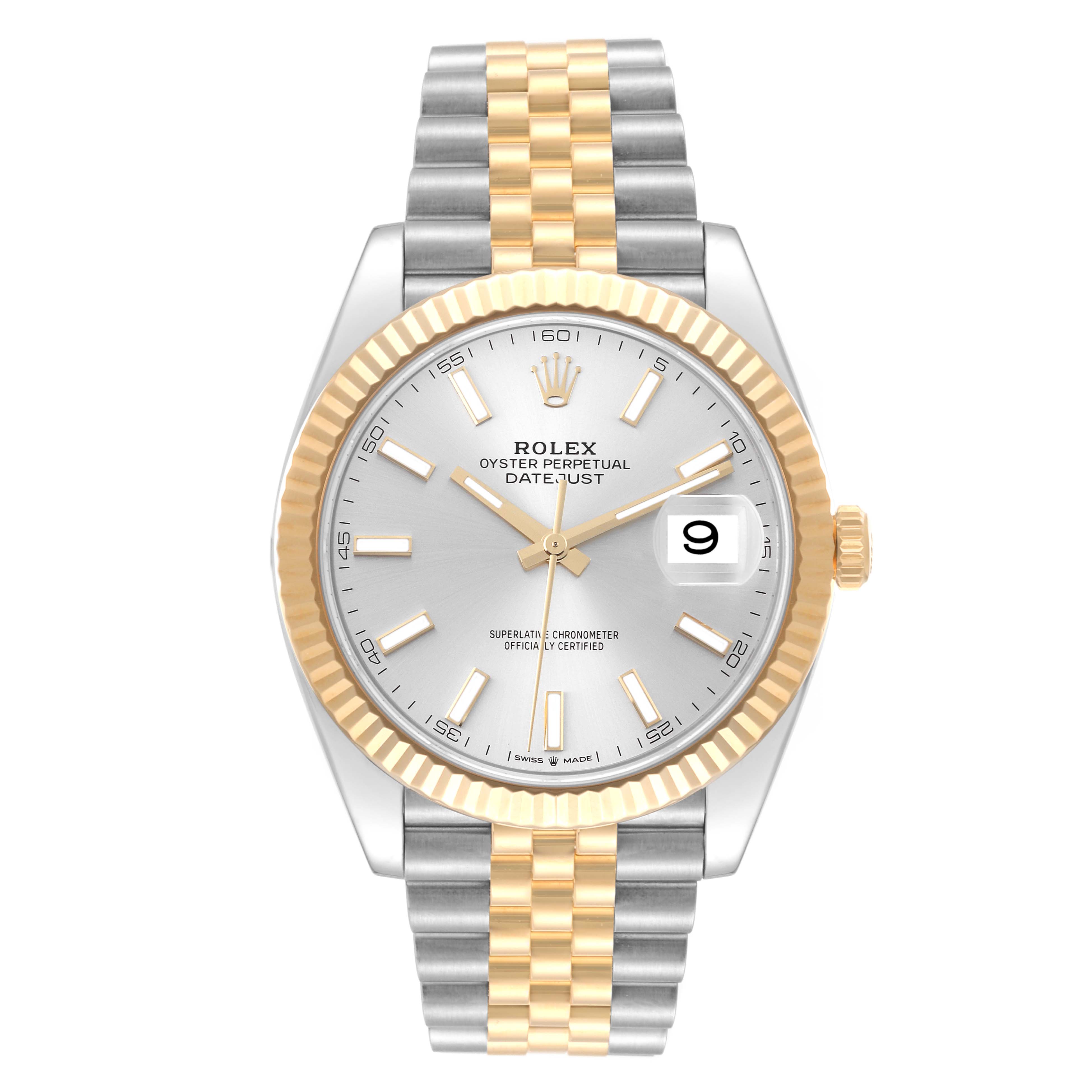 The image shows a front view of a Rolex Datejust 41 126333 Men's Steel and Gold (two tone) Silver Dial 126333 Men's Steel and Gold (two tone) Silver Dial watch, featuring a silver dial, gold fluted bezel, and two-tone bracelet.