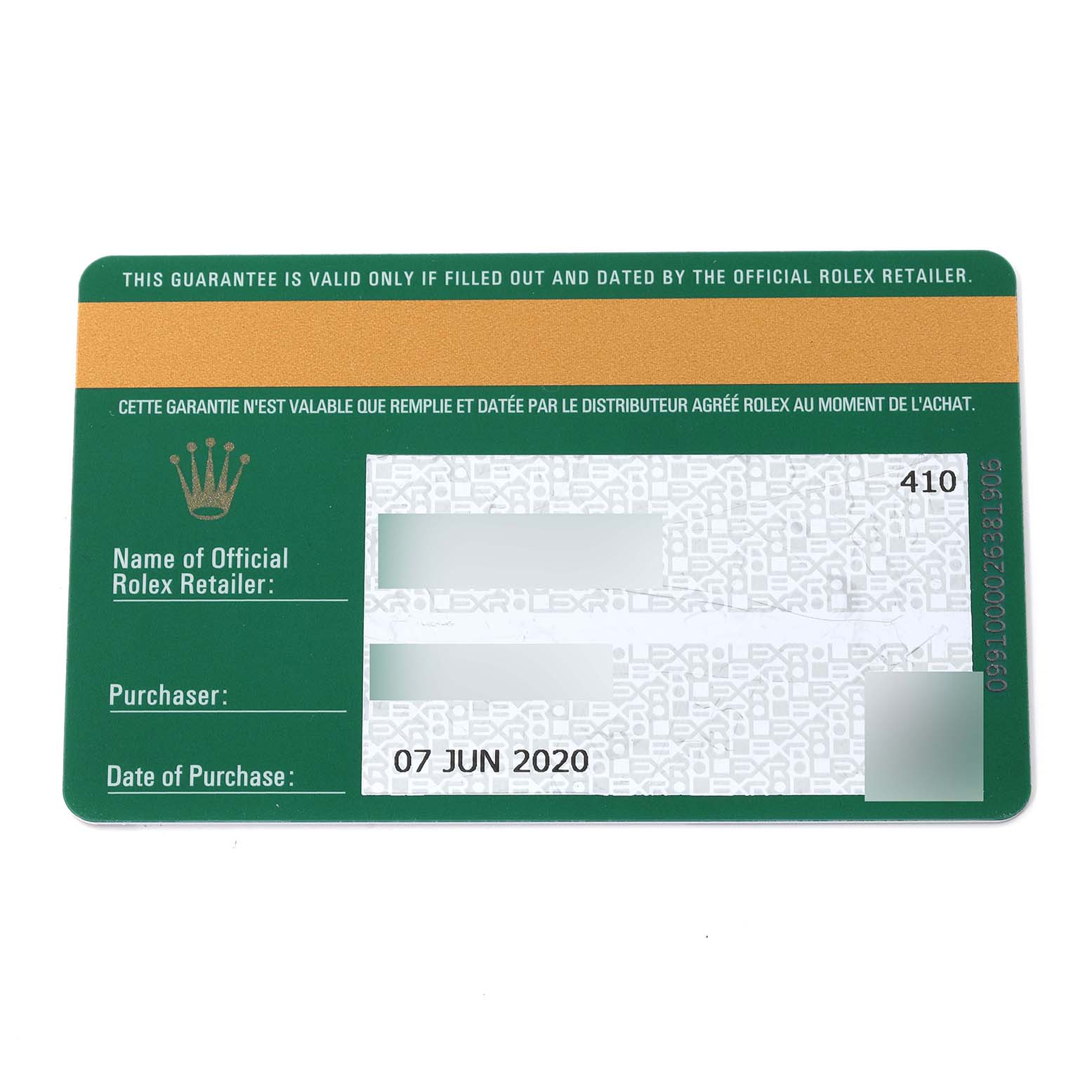 This is a warranty card for the Rolex Datejust 41 126333 Men's Steel and Gold (two tone) Silver Dial 126333 Men's Steel and Gold (two tone) Silver Dial model, showing the official retailer's details and purchase date.