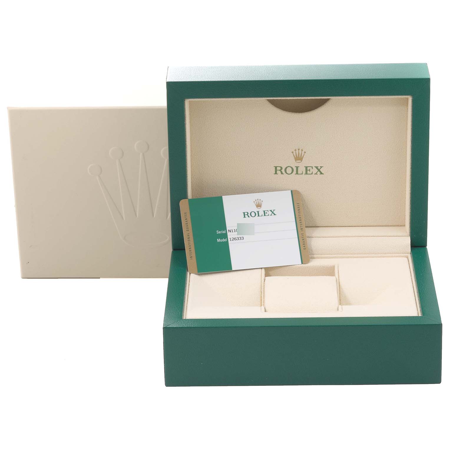 The image shows the Rolex Datejust 41 126333 Men's Steel and Gold (two tone) Silver Dial 126333 Men's Steel and Gold (two tone) Silver Dial model packaging with an open box and guarantee card displayed.