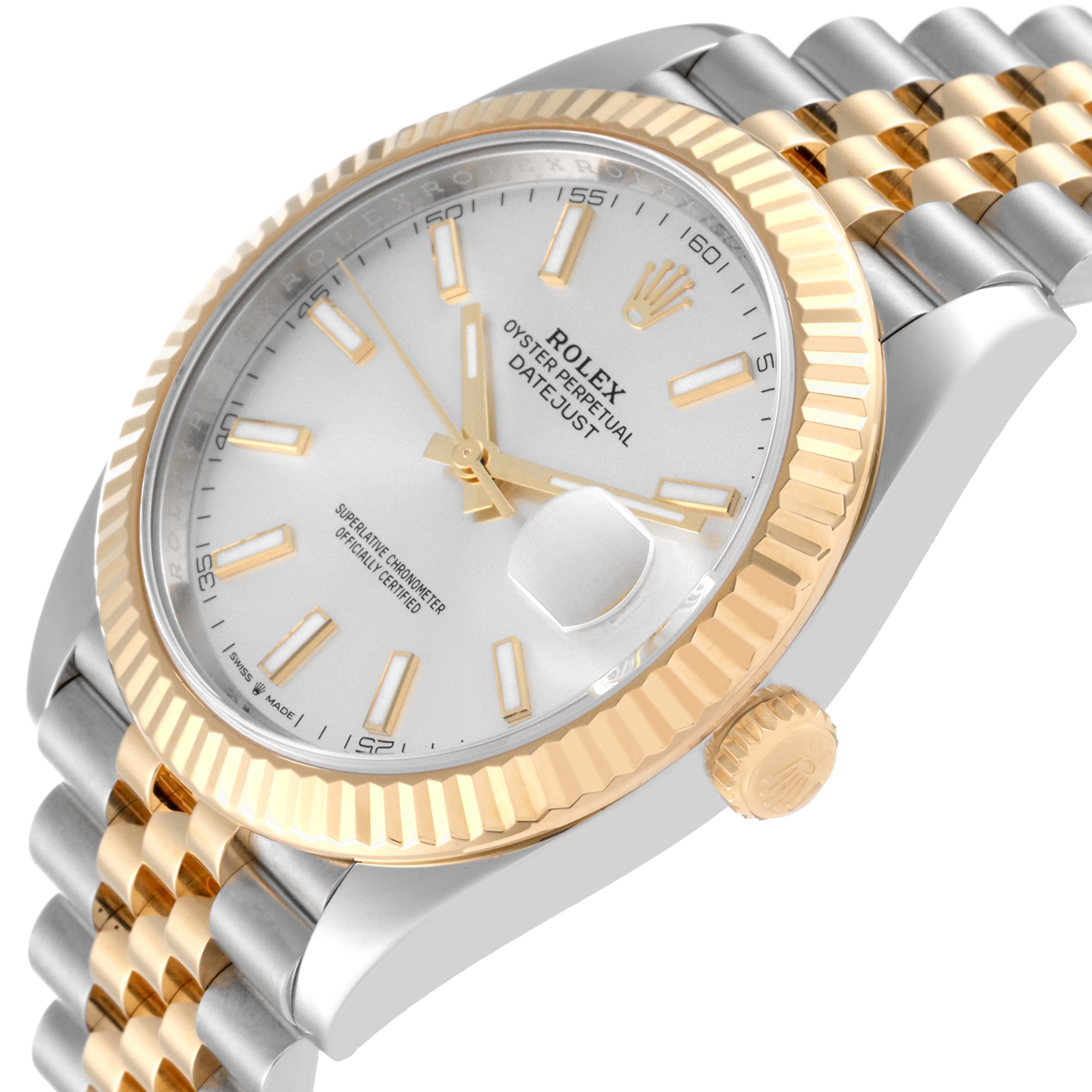 The image shows a close-up angled view of the Rolex Datejust 41 126333 Men's Steel and Gold (two tone) Silver Dial 126333 Men's Steel and Gold (two tone) Silver Dial watch, highlighting its dial, bezel, crown, and part of the bracelet.