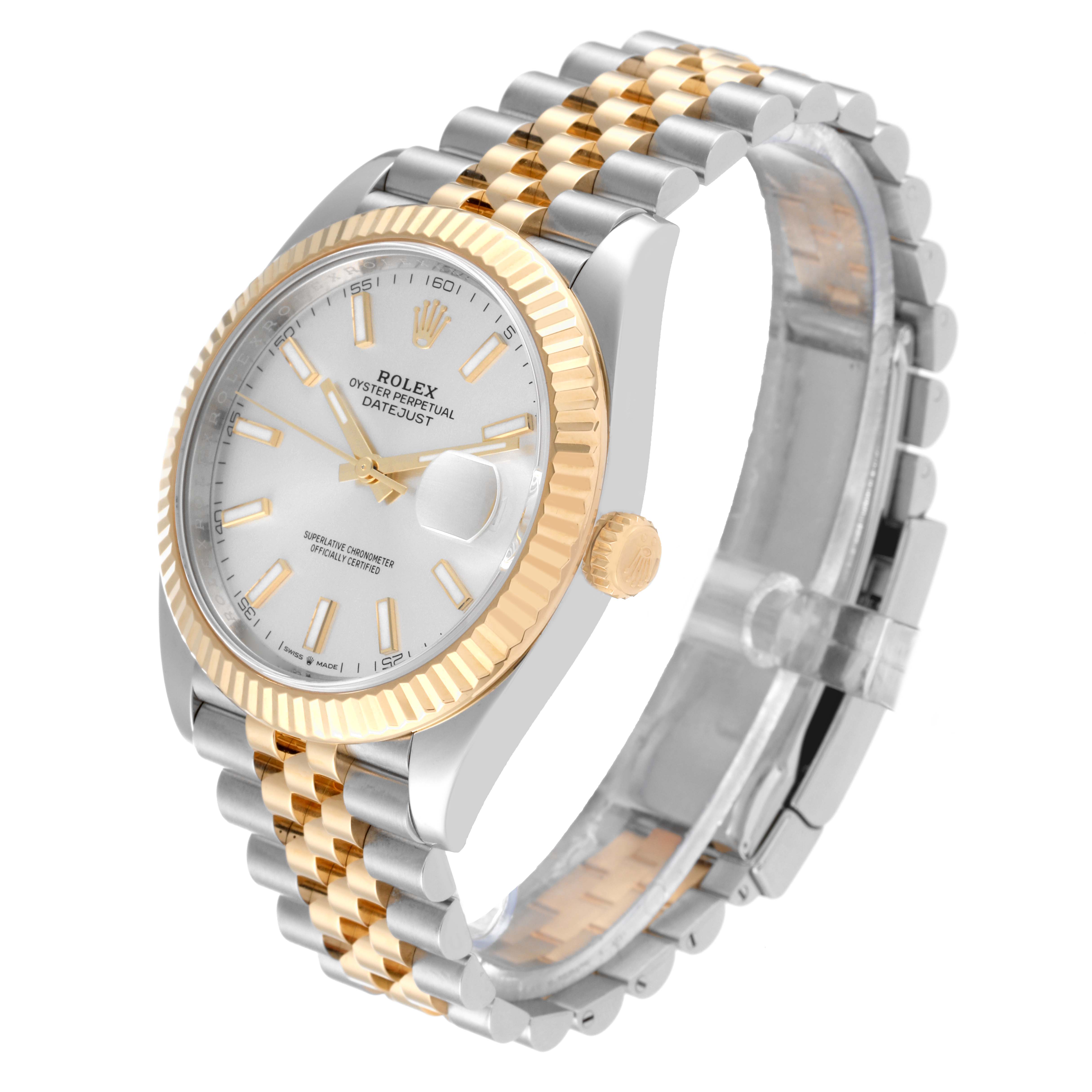 The image shows the Rolex Datejust 41 126333 Men's Steel and Gold (two tone) Silver Dial 126333 Men's Steel and Gold (two tone) Silver Dial model at a three-quarters angle, highlighting its gold bezel, dial, and two-tone bracelet.