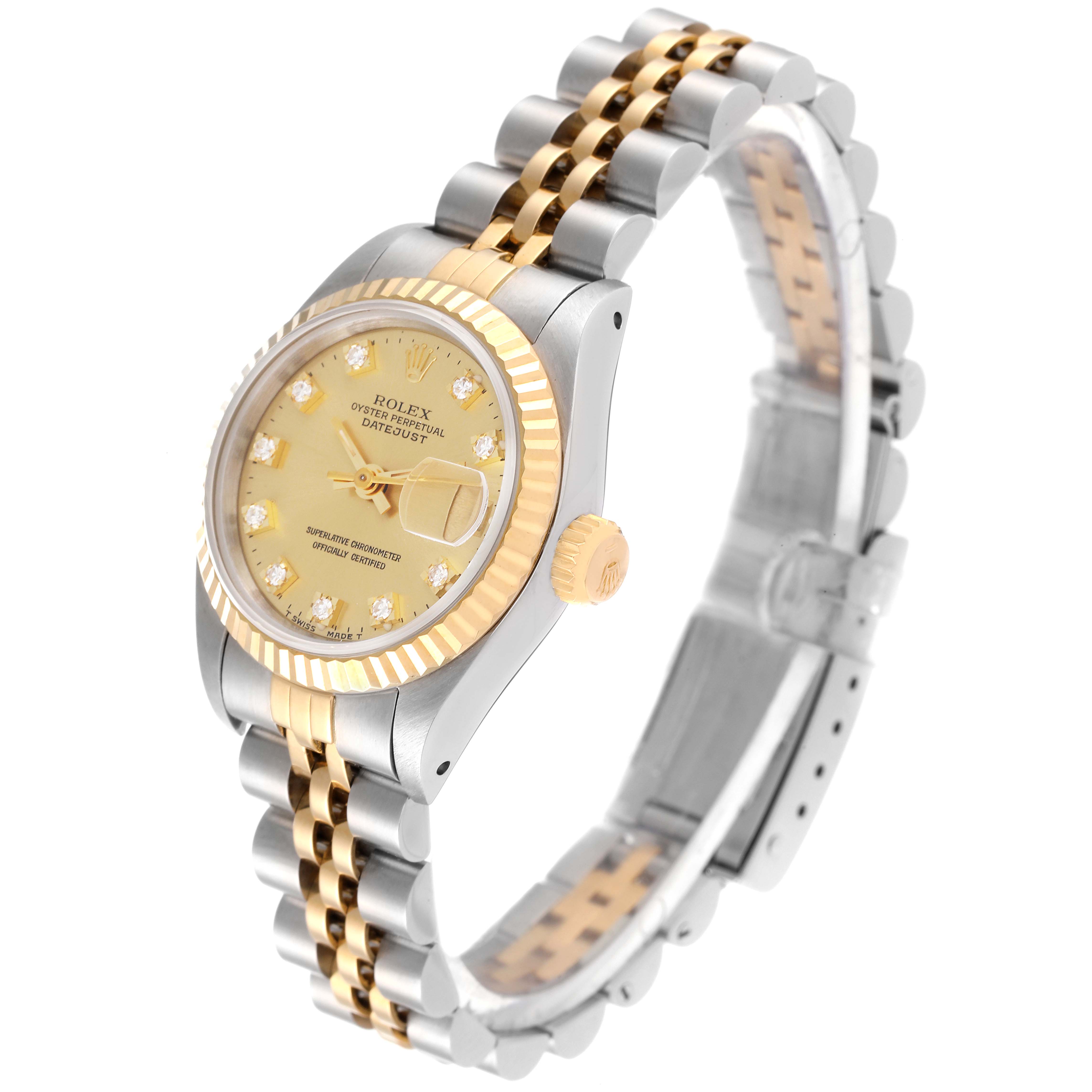 The image shows a Rolex Datejust 69173 Women's Steel and Gold (two tone) Champagne Dial 69173 Women's Steel and Gold (two tone) Champagne Dial watch at an angled view, featuring its dial, crown, and Jubilee bracelet.