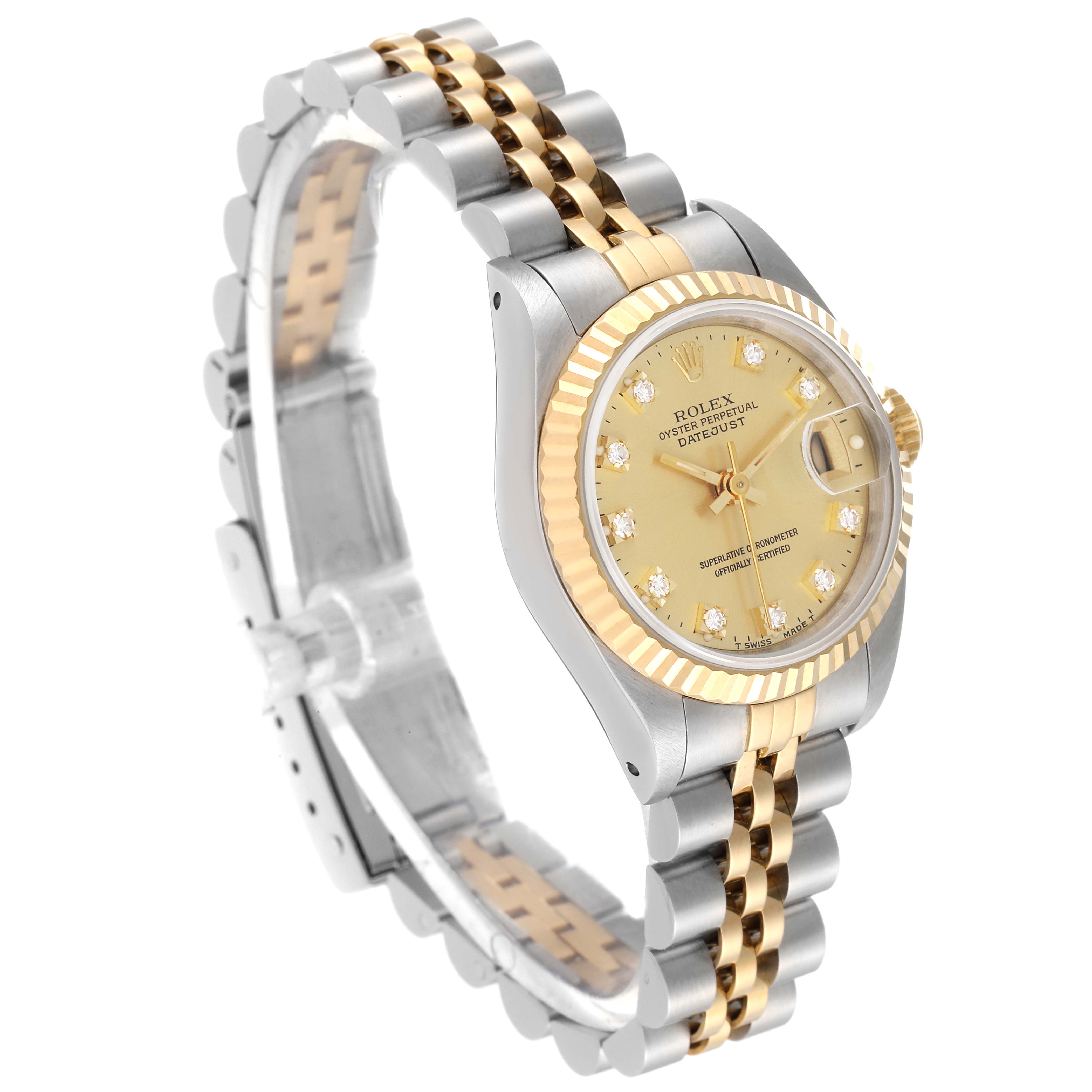 The image shows a Rolex Datejust 69173 Women's Steel and Gold (two tone) Champagne Dial 69173 Women's Steel and Gold (two tone) Champagne Dial watch at a three-quarter angle, highlighting its two-tone bracelet, gold dial, and fluted bezel.