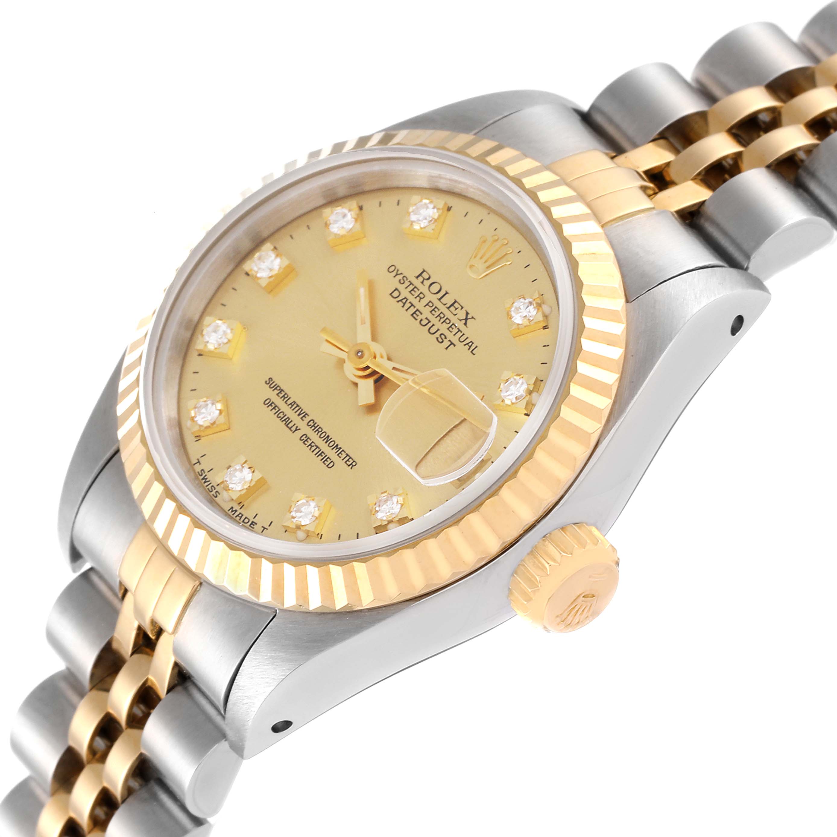 The image shows a Rolex Datejust 69173 Women's Steel and Gold (two tone) Champagne Dial 69173 Women's Steel and Gold (two tone) Champagne Dial watch at an angled top-down view, highlighting the dial, bezel, crown, and bracelet.