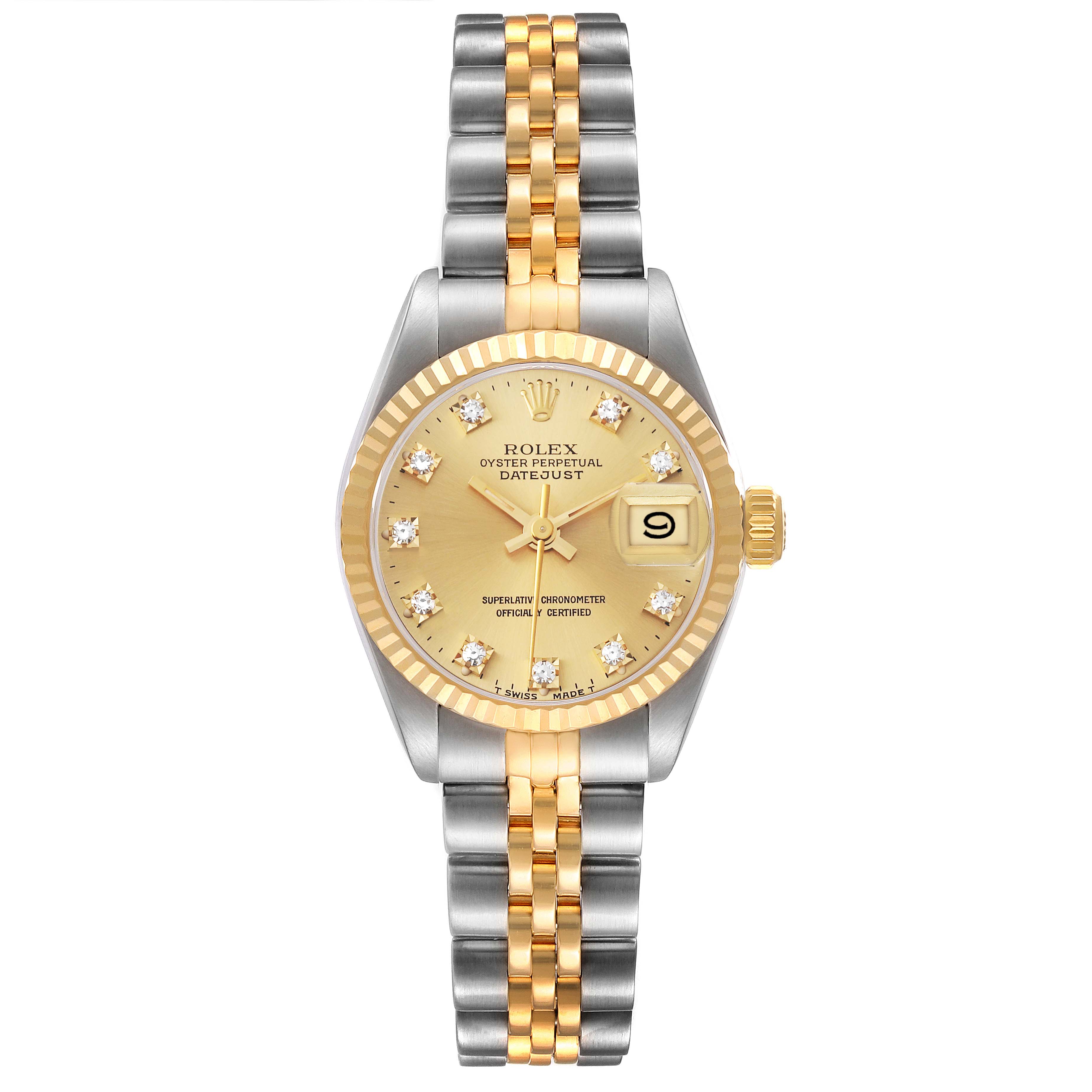 The Rolex Datejust 69173 Women's Steel and Gold (two tone) Champagne Dial 69173 Women's Steel and Gold (two tone) Champagne Dial watch is shown from the front, displaying its dial, bracelet, and bezel.