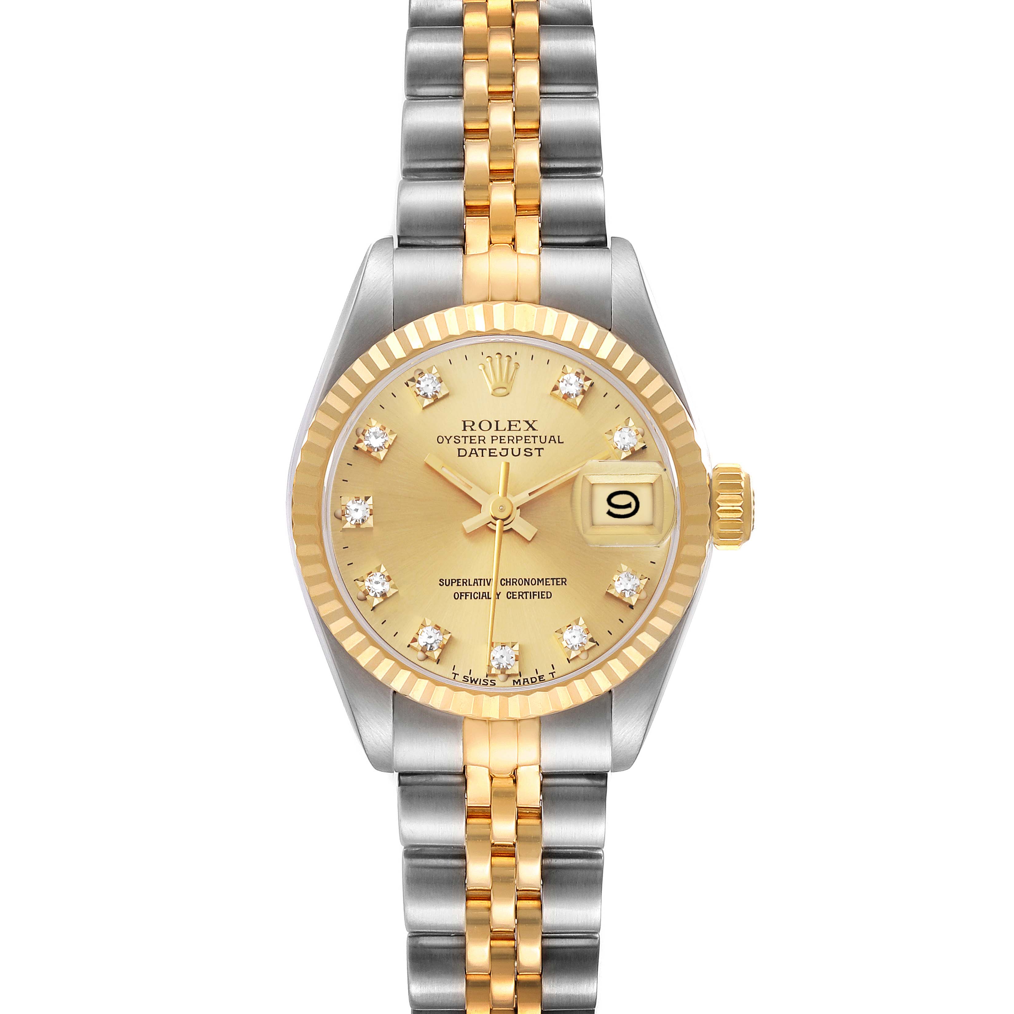 This is a front view of a Rolex Datejust 69173 Women's Steel and Gold (two tone) Champagne Dial 69173 Women's Steel and Gold (two tone) Champagne Dial watch, highlighting the dial, bezel, and two-tone bracelet.