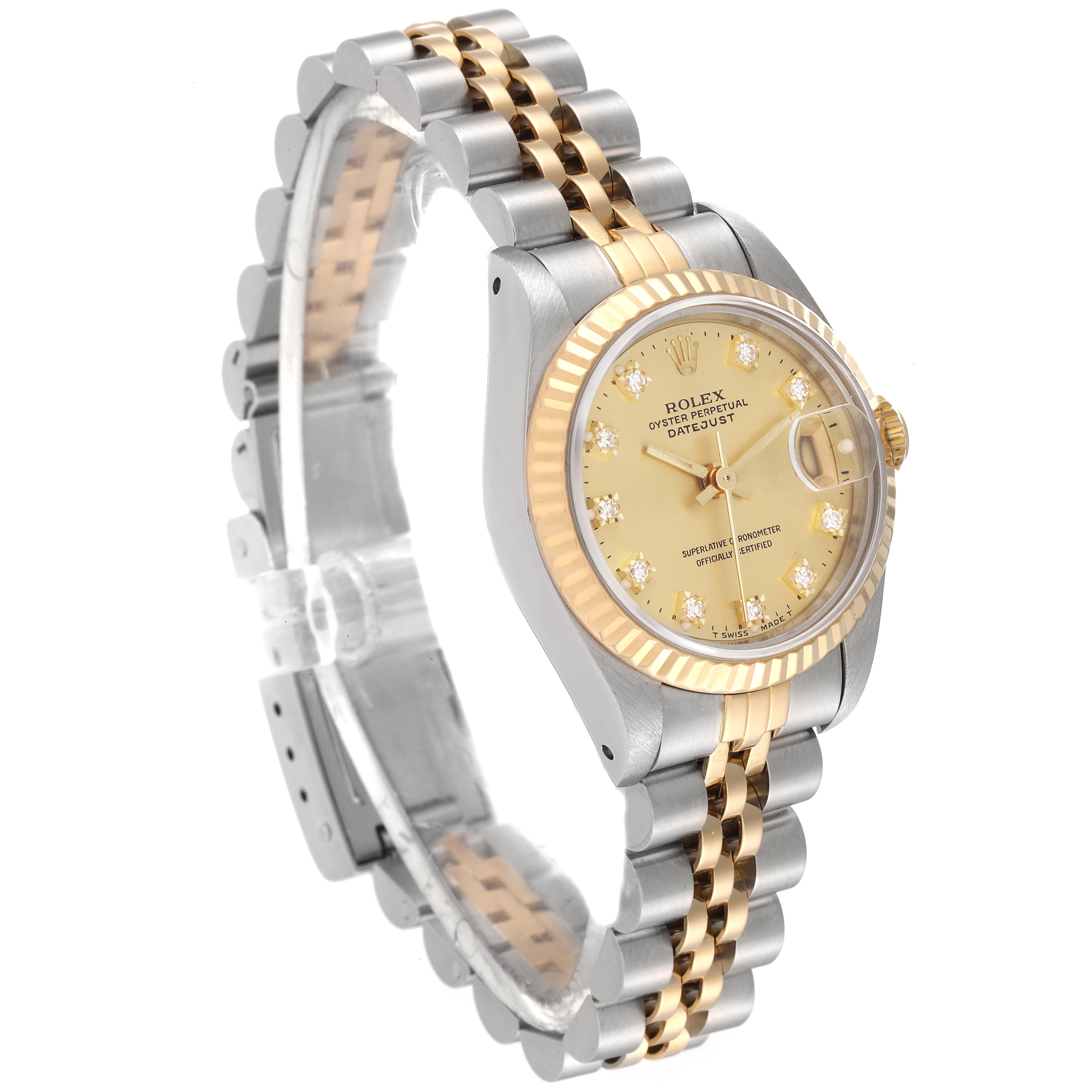 This image shows a side angle of the Rolex Datejust 69173 Women's Steel and Gold (two tone) Champagne Dial 69173 Women's Steel and Gold (two tone) Champagne Dial watch, highlighting the dial, bezel, and two-tone jubilee bracelet.