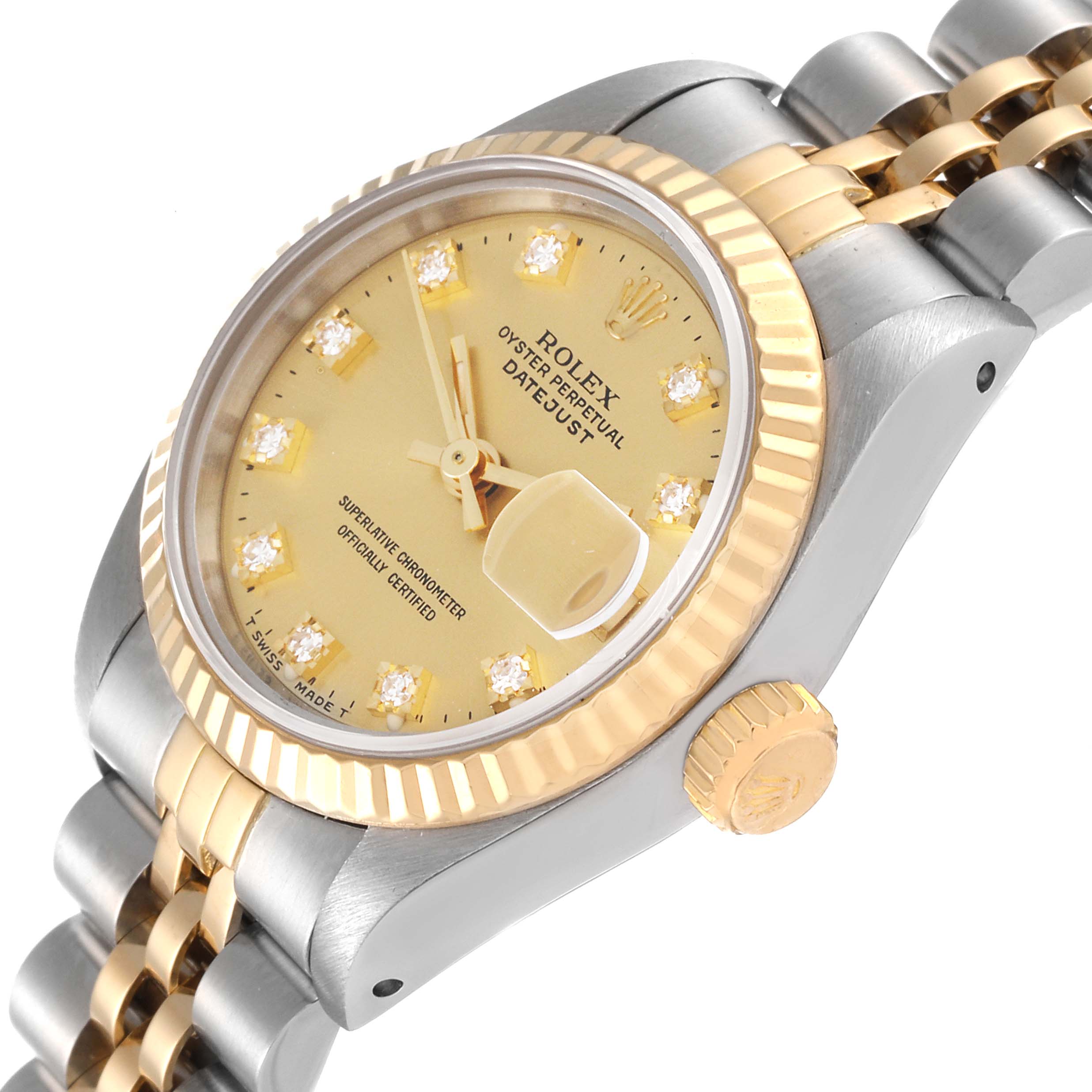 The image shows a Rolex Datejust 69173 Women's Steel and Gold (two tone) Champagne Dial 69173 Women's Steel and Gold (two tone) Champagne Dial watch at an angle highlighting its gold dial, crown, and two-tone bracelet.