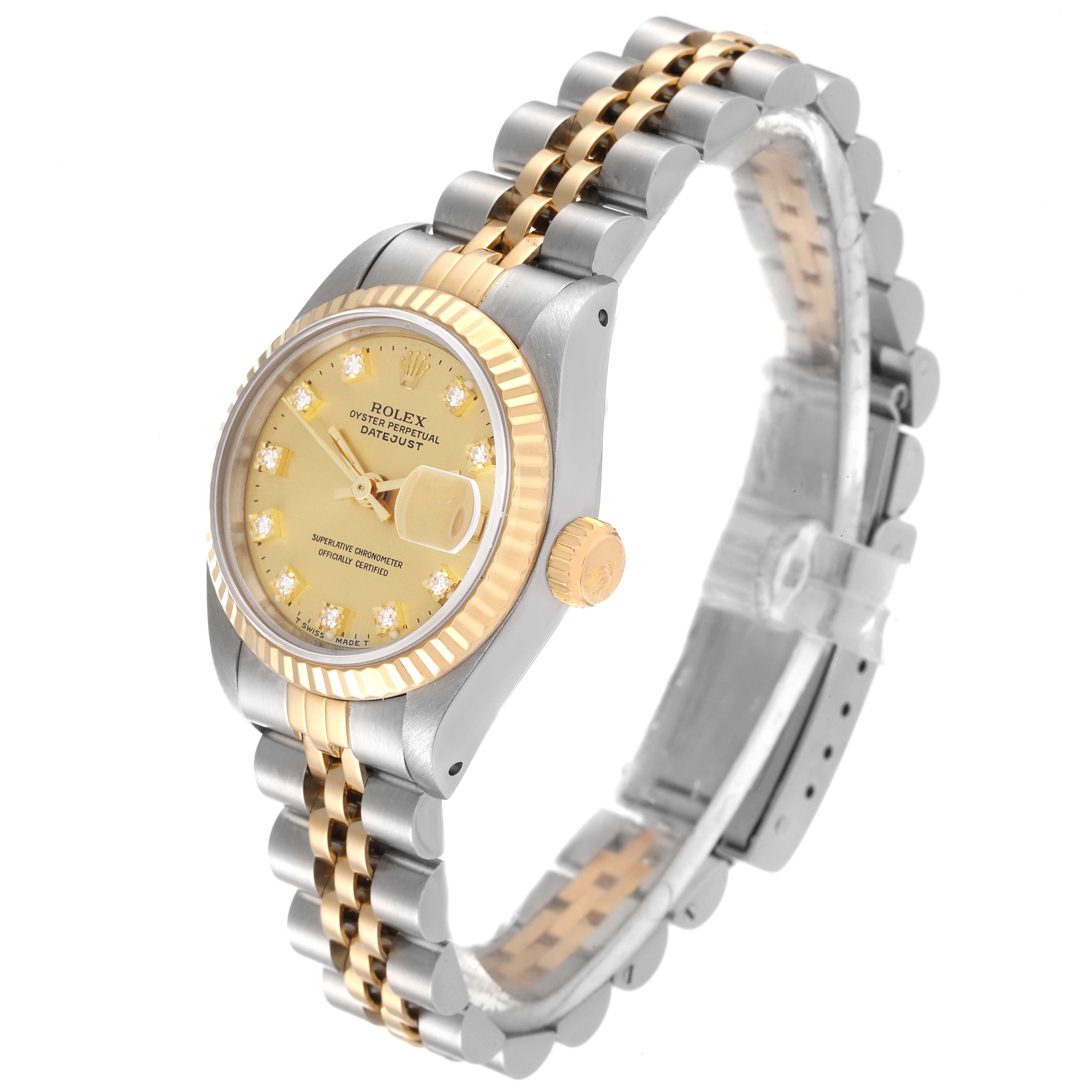 The Rolex Datejust 69173 Women's Steel and Gold (two tone) Champagne Dial 69173 Women's Steel and Gold (two tone) Champagne Dial watch is shown at an angle highlighting the face, crown, and part of the bracelet.