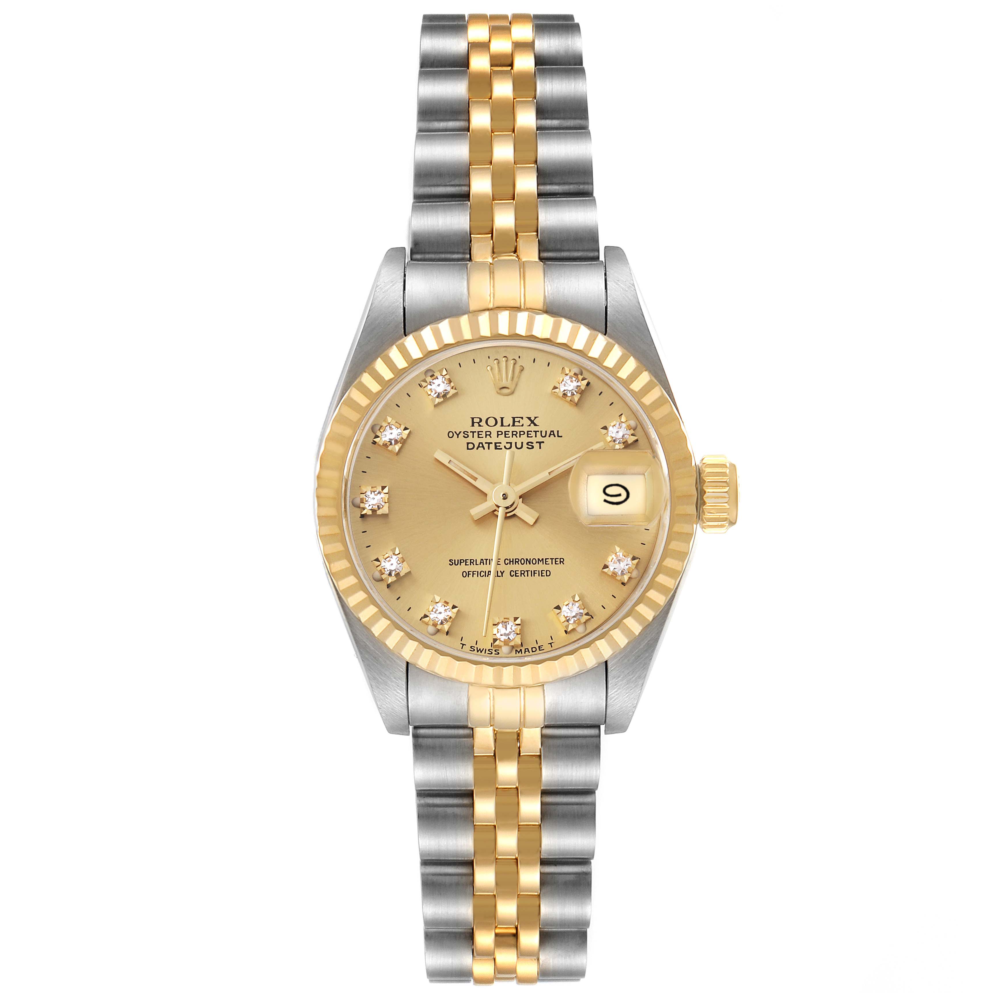The image shows a Rolex Datejust 69173 Women's Steel and Gold (two tone) Champagne Dial 69173 Women's Steel and Gold (two tone) Champagne Dial watch from the front, displaying its dial, fluted bezel, date window, and two-tone bracelet.