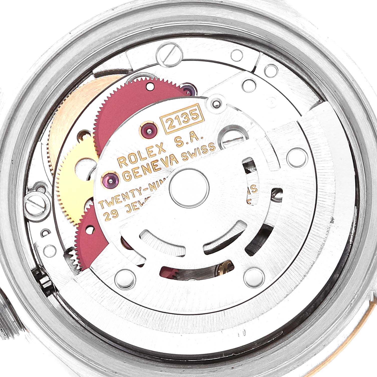 This image shows the internal movement mechanism of the Rolex Datejust 69173 Women's Steel and Gold (two tone) Champagne Dial 69173 Women's Steel and Gold (two tone) Champagne Dial watch viewed from the back.