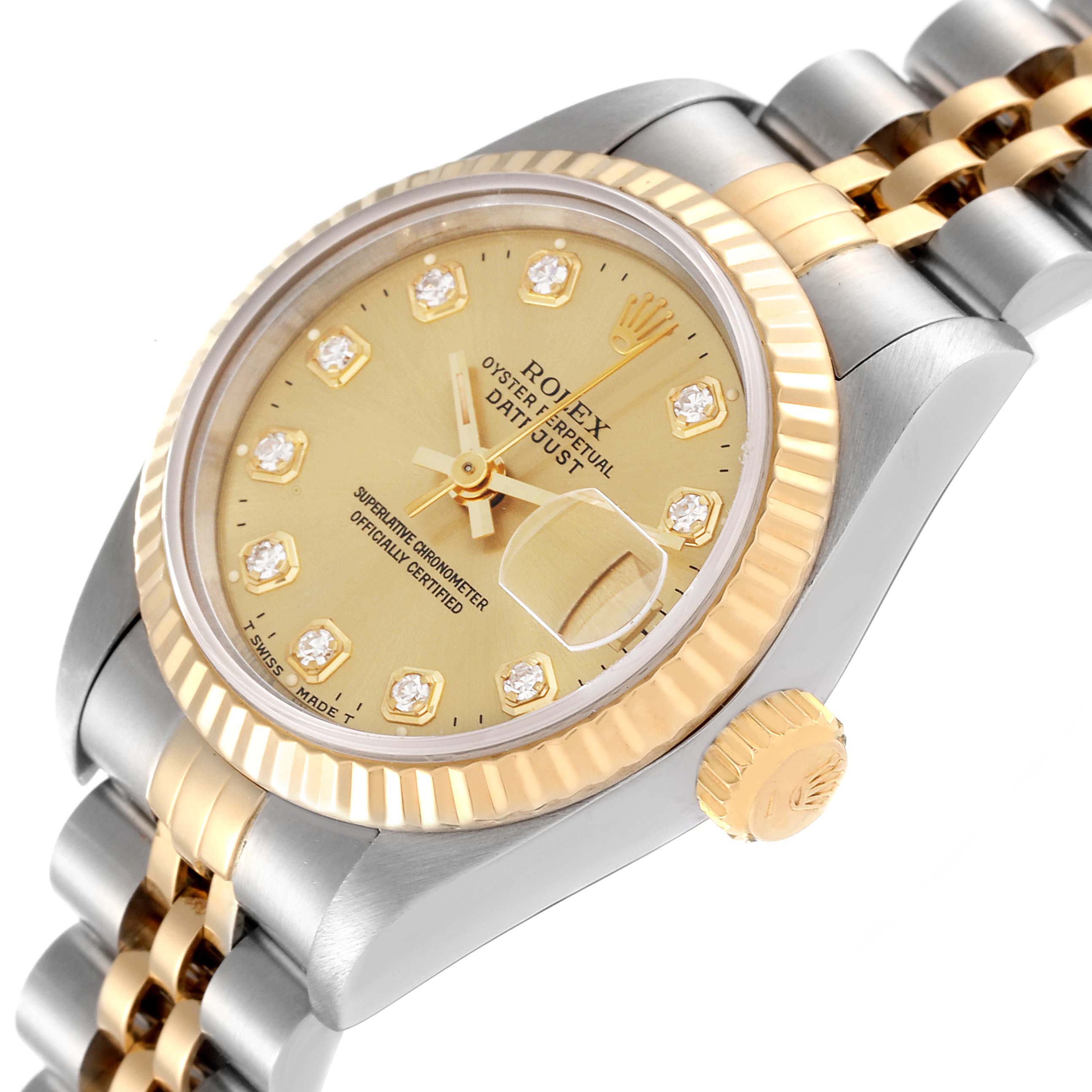The image shows a close-up of the face and side of a Rolex Datejust 69173 Women's Steel and Gold (two tone) Champagne Dial 69173 Women's Steel and Gold (two tone) Champagne Dial watch, displaying its gold dial, fluted bezel, two-tone bracelet, and crown.