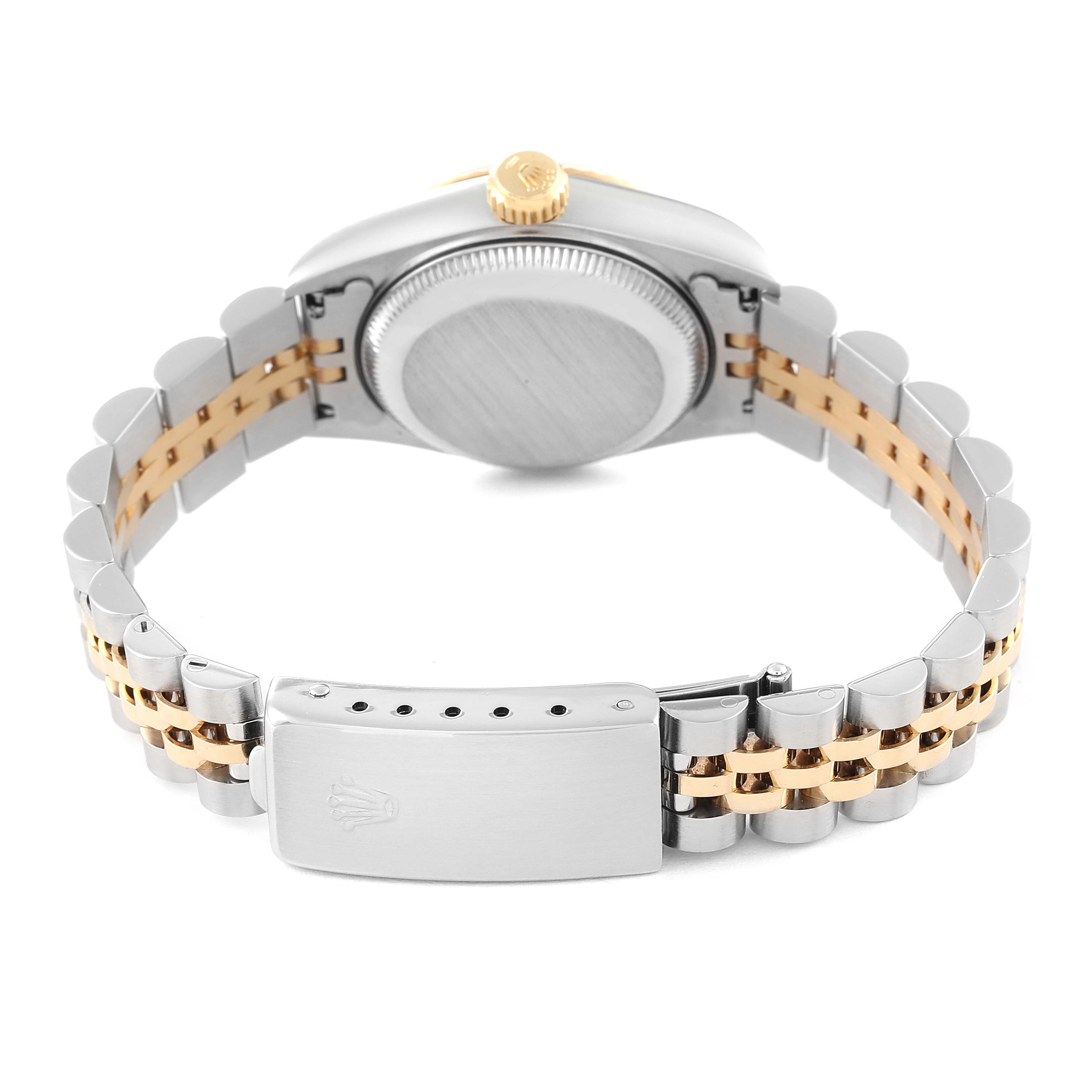 This image shows the back view of a Rolex Datejust 69173 Women's Steel and Gold (two tone) Champagne Dial 69173 Women's Steel and Gold (two tone) Champagne Dial watch, highlighting the case back, crown, and two-tone metal bracelet with clasp.