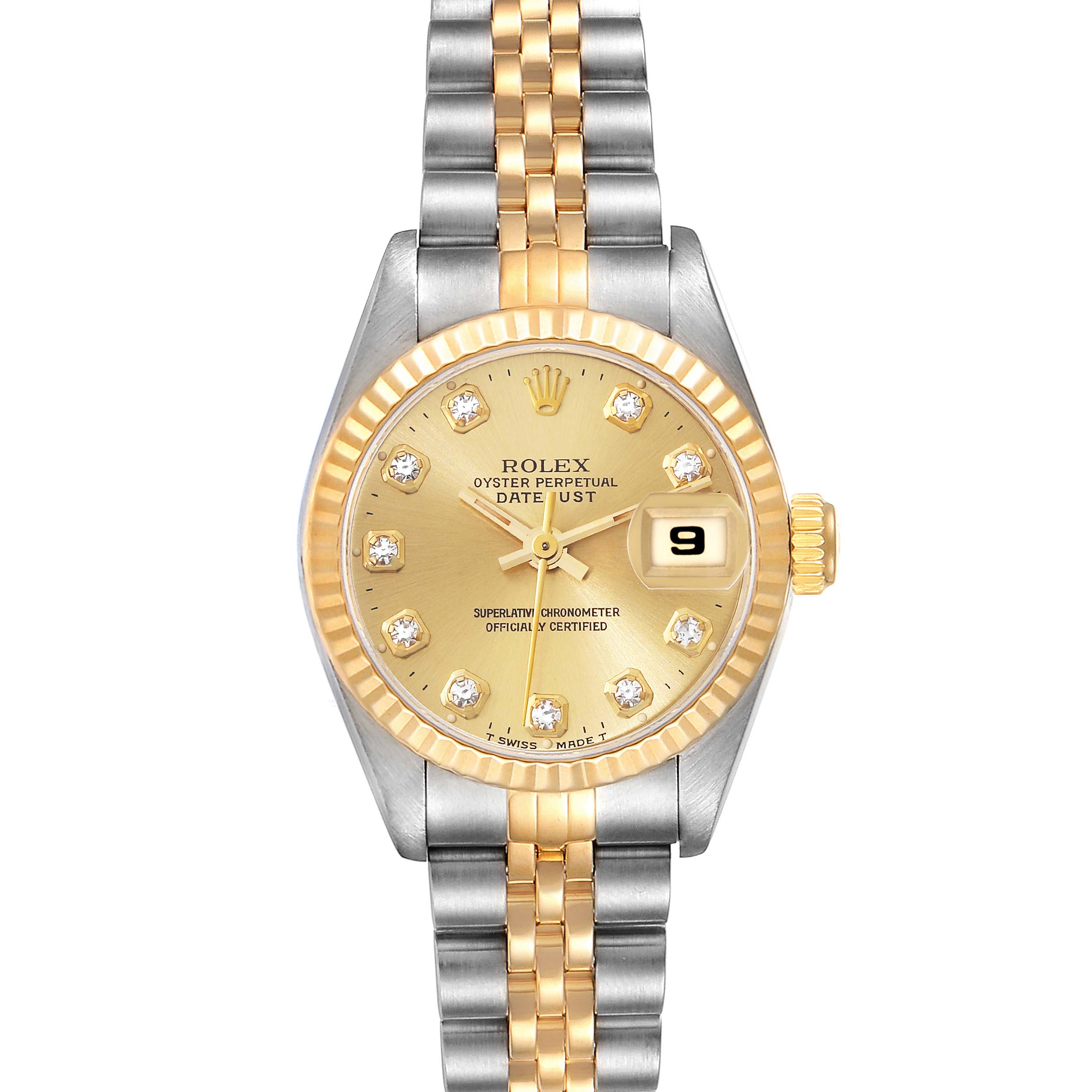 The image shows a frontal view of a Rolex Datejust 69173 Women's Steel and Gold (two tone) Champagne Dial 69173 Women's Steel and Gold (two tone) Champagne Dial watch, featuring the dial, bezel, and two-tone bracelet.