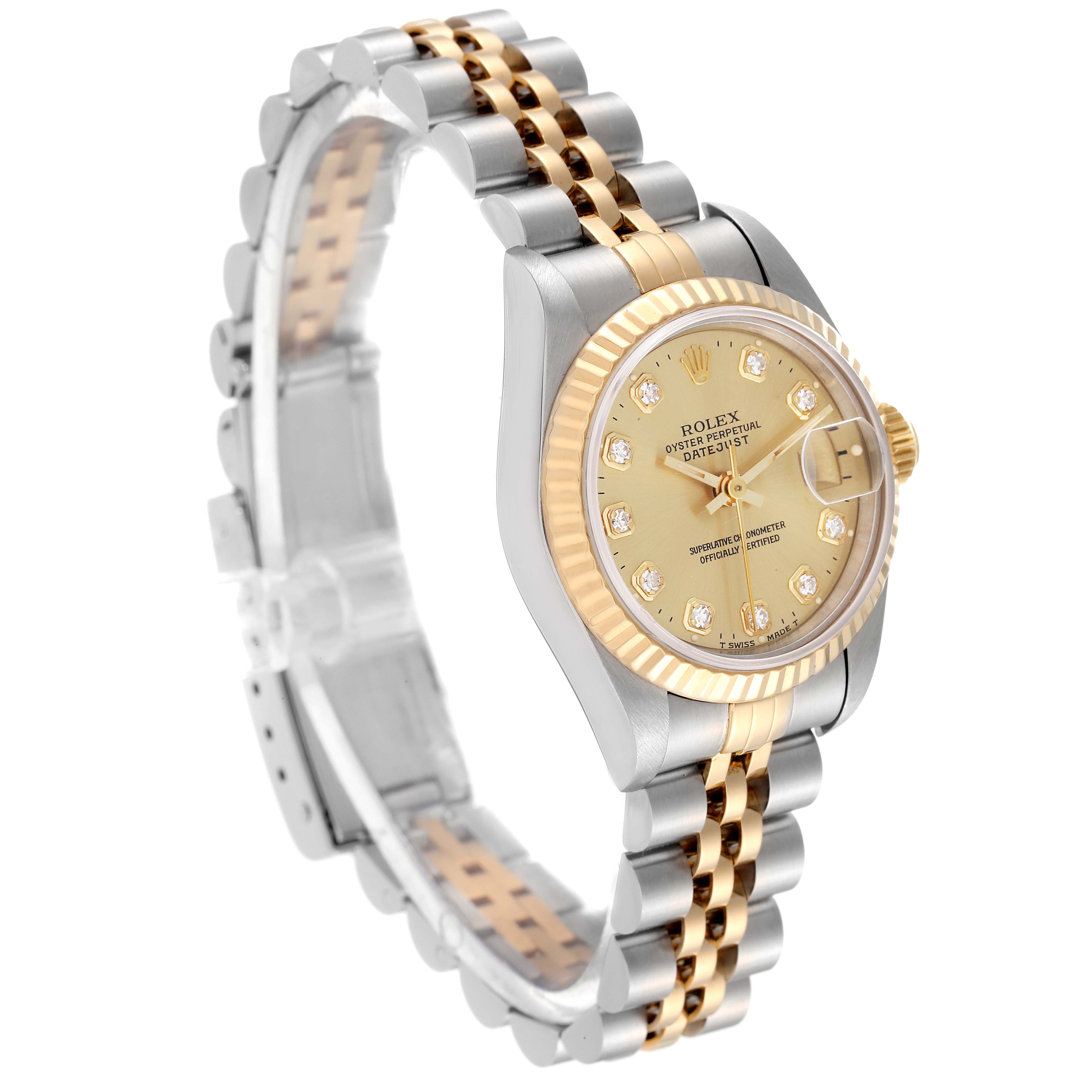 The photo showcases a Rolex Datejust 69173 Women's Steel and Gold (two tone) Champagne Dial 69173 Women's Steel and Gold (two tone) Champagne Dial watch at an angle highlighting the dial, fluted bezel, and two-tone jubilee bracelet.