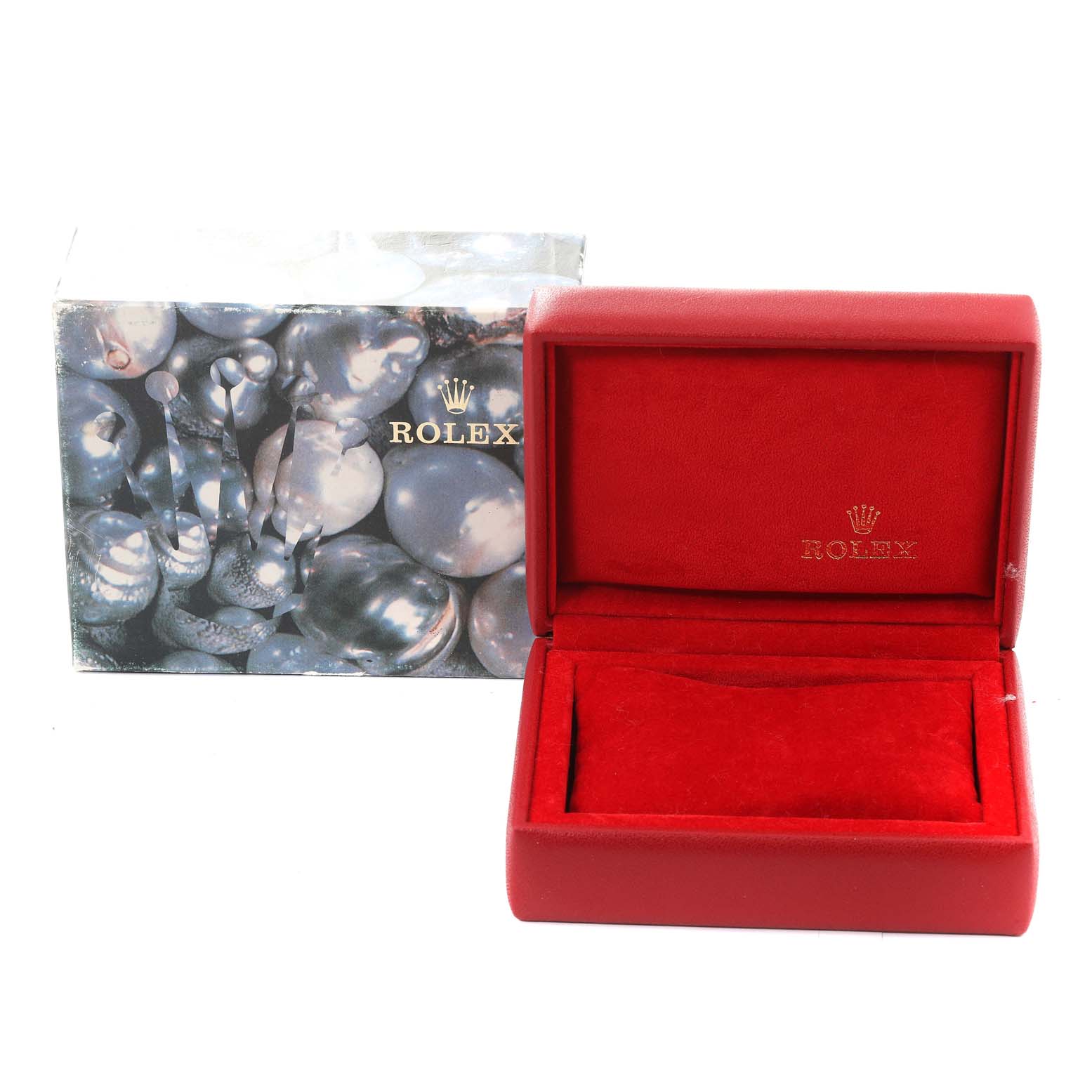 The image shows a red Rolex Datejust 69173 Women's Steel and Gold (two tone) Champagne Dial 69173 Women's Steel and Gold (two tone) Champagne Dial watch box and its outer packaging from a straight-on angle.