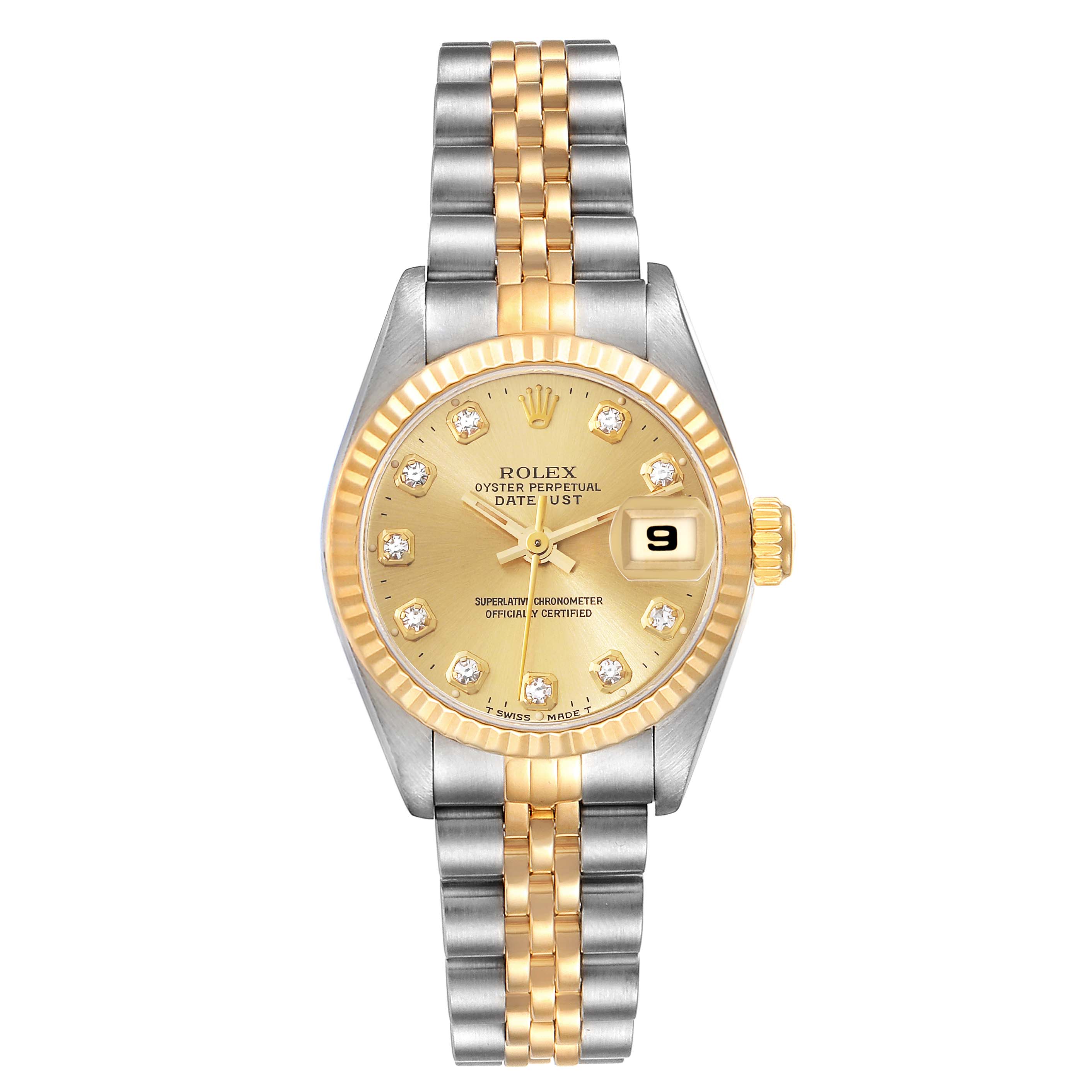 The image shows a Rolex Datejust 69173 Women's Steel and Gold (two tone) Champagne Dial 69173 Women's Steel and Gold (two tone) Champagne Dial watch from a front angle, highlighting the dial, bezel, case, crown, and bracelet.