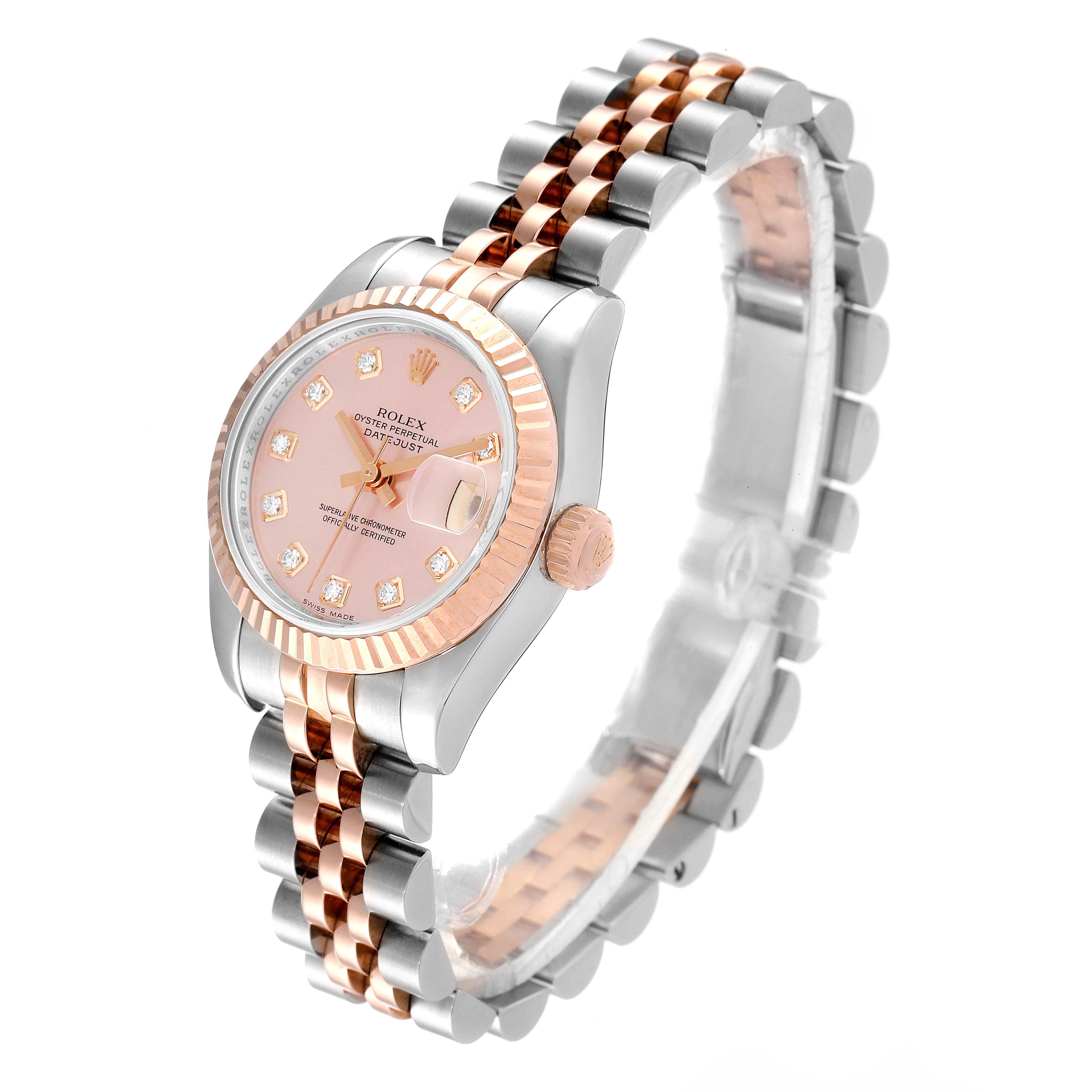 The Rolex Datejust 179171 Women's Steel and Gold (two tone) Pink Dial 179171 Women's Steel and Gold (two tone) Pink Dial watch is shown at an angle highlighting its face, bezel, crown, and two-tone band.