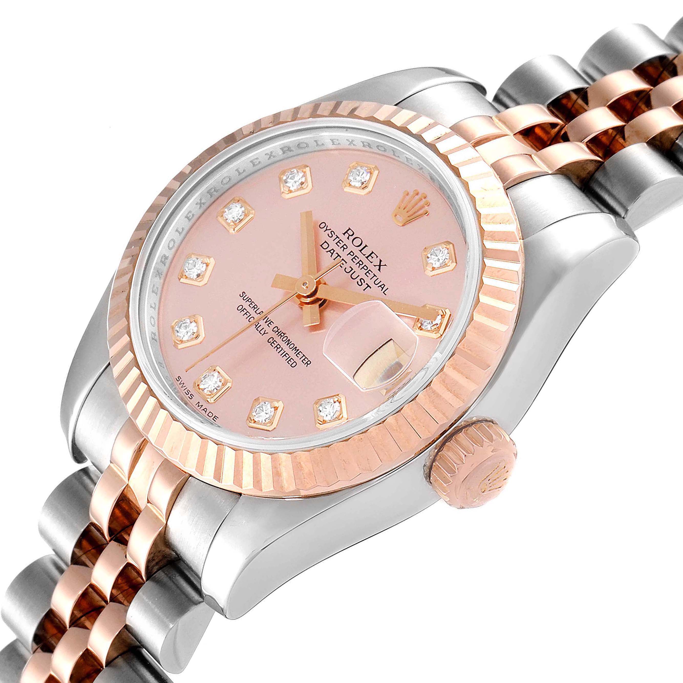The image shows a close-up angle of a Rolex Datejust 179171 Women's Steel and Gold (two tone) Pink Dial 179171 Women's Steel and Gold (two tone) Pink Dial watch, highlighting the dial, bezel, and part of the bracelet.