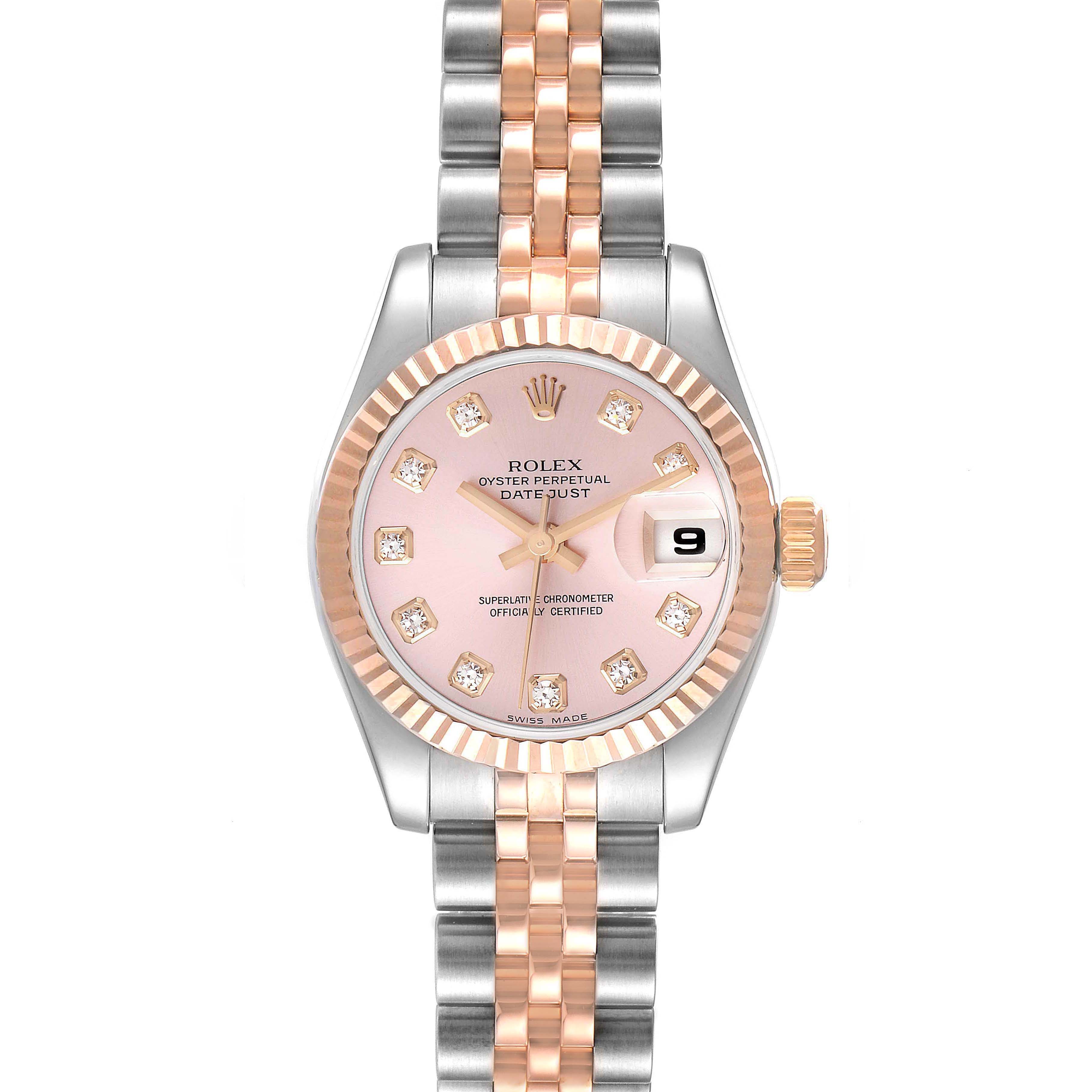The image shows a frontal view of a Rolex Datejust 179171 Women's Steel and Gold (two tone) Pink Dial 179171 Women's Steel and Gold (two tone) Pink Dial watch, featuring a two-tone bracelet and pink dial with diamonds.