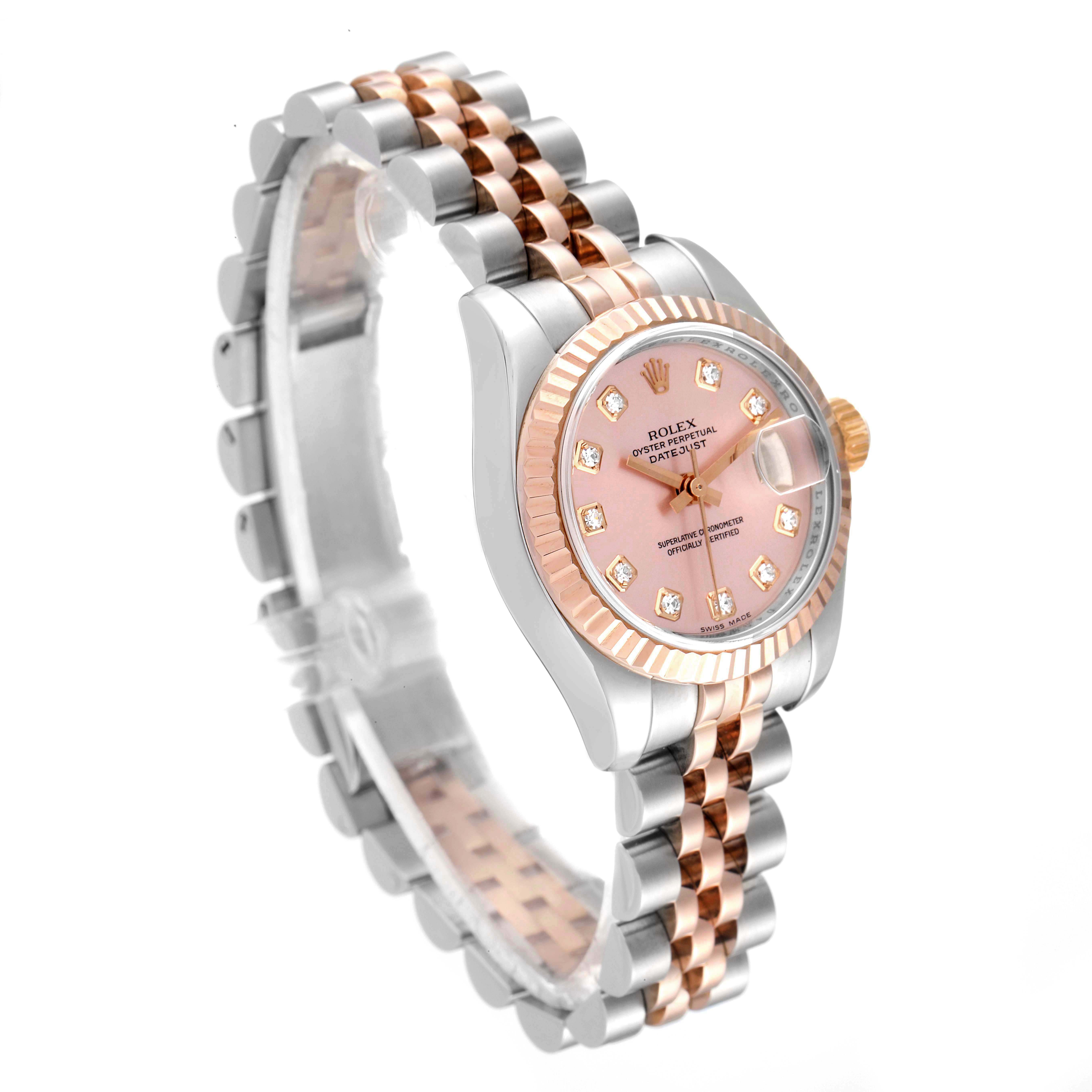 The Rolex Datejust 179171 Women's Steel and Gold (two tone) Pink Dial 179171 Women's Steel and Gold (two tone) Pink Dial watch is shown at a three-quarter angle, featuring a pink dial, diamond hour markers, and a two-tone Jubilee bracelet.