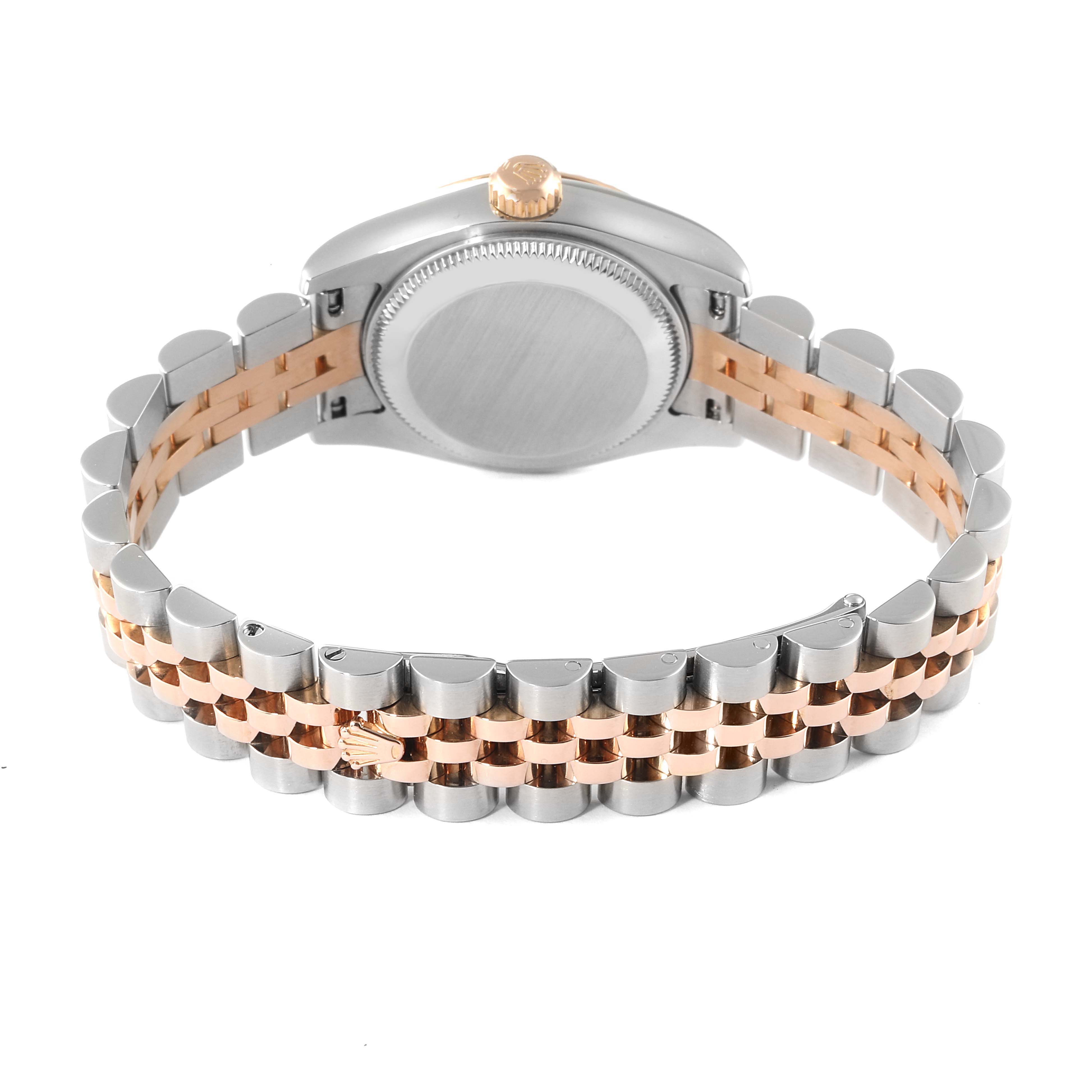 The image shows the back view of a Rolex Datejust 179171 Women's Steel and Gold (two tone) Pink Dial 179171 Women's Steel and Gold (two tone) Pink Dial watch, highlighting the bracelet and case back.