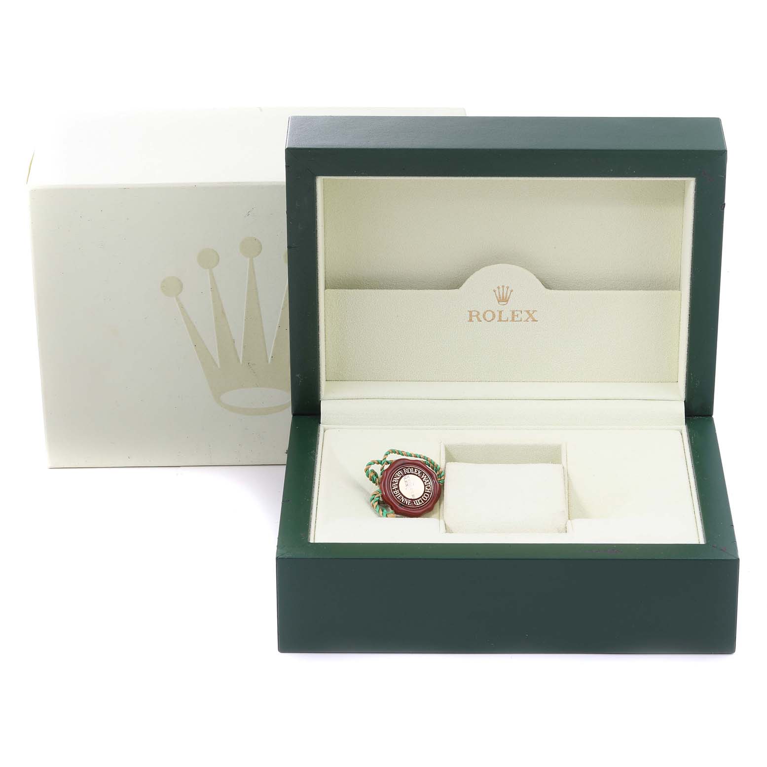 The image shows an empty Rolex Datejust 179171 Women's Steel and Gold (two tone) Pink Dial 179171 Women's Steel and Gold (two tone) Pink Dial watch box with a Rolex tag inside, viewed from the front.