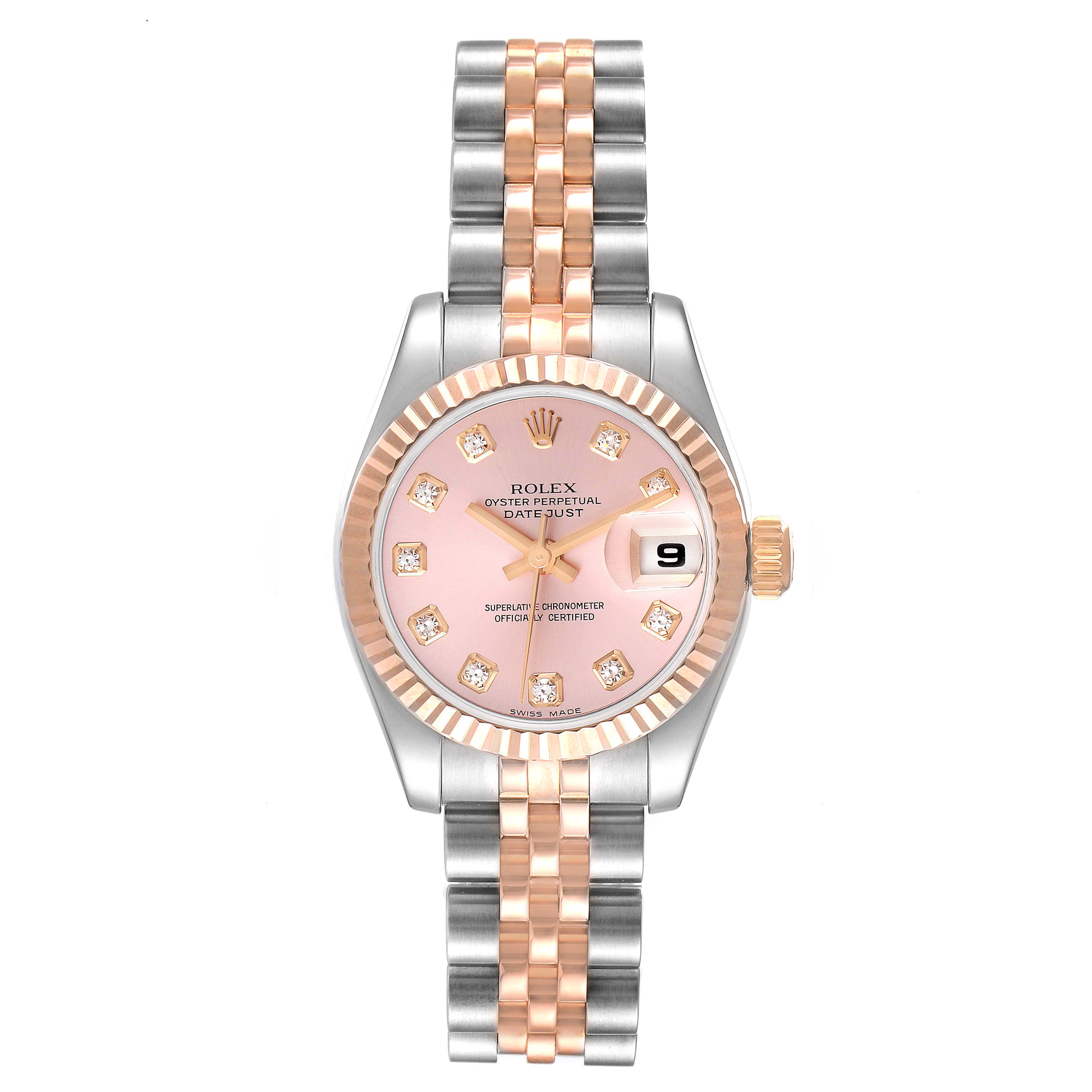The Rolex Datejust 179171 Women's Steel and Gold (two tone) Pink Dial 179171 Women's Steel and Gold (two tone) Pink Dial watch is shown from a head-on angle, displaying the bezel, dial, hands, date window, and bracelet.