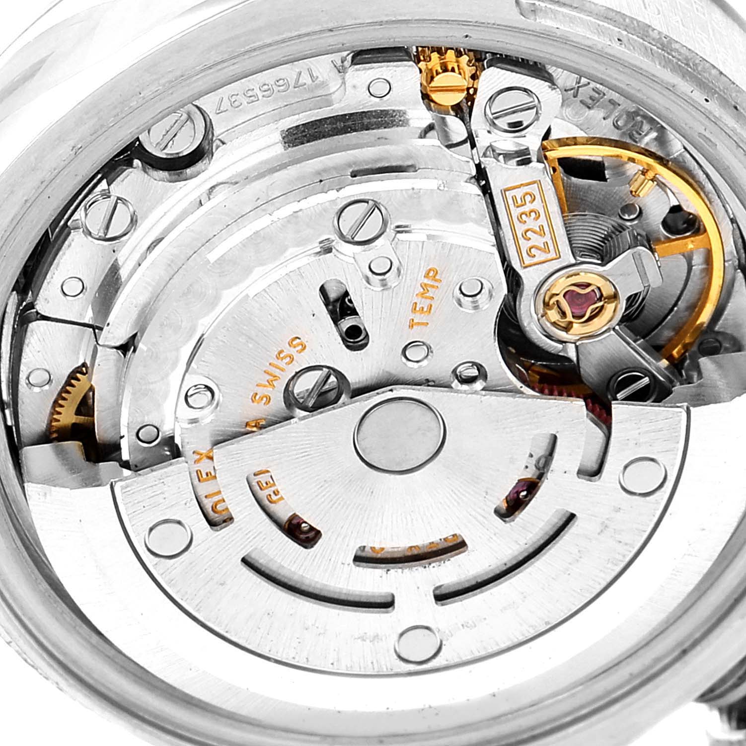 This close-up image shows the internal mechanical movement of a Rolex Datejust 179171 Women's Steel and Gold (two tone) Pink Dial 179171 Women's Steel and Gold (two tone) Pink Dial watch.