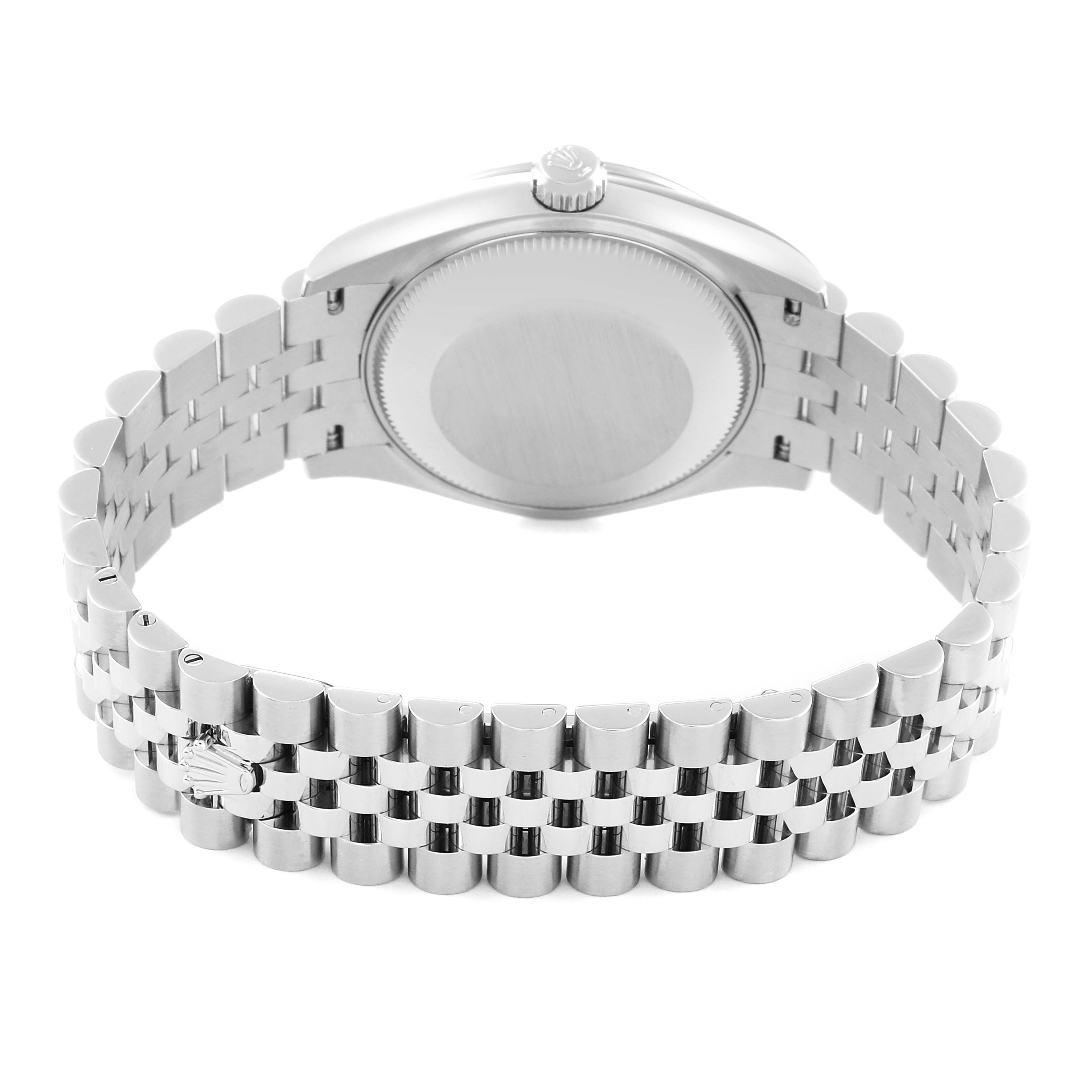 The image shows the back view of a Rolex Mid-Size 278274 Women
s Stainless Steel White Dial 278274 Women
s Stainless Steel White Dial watch, displaying its case back and bracelet.