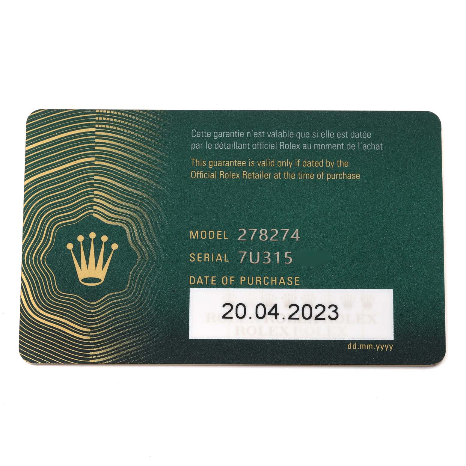 This image shows the guarantee card for a Rolex Mid-Size 278274 Women
s Stainless Steel White Dial 278274 Women
s Stainless Steel White Dial model 278274 watch, including the serial number and date of purchase.