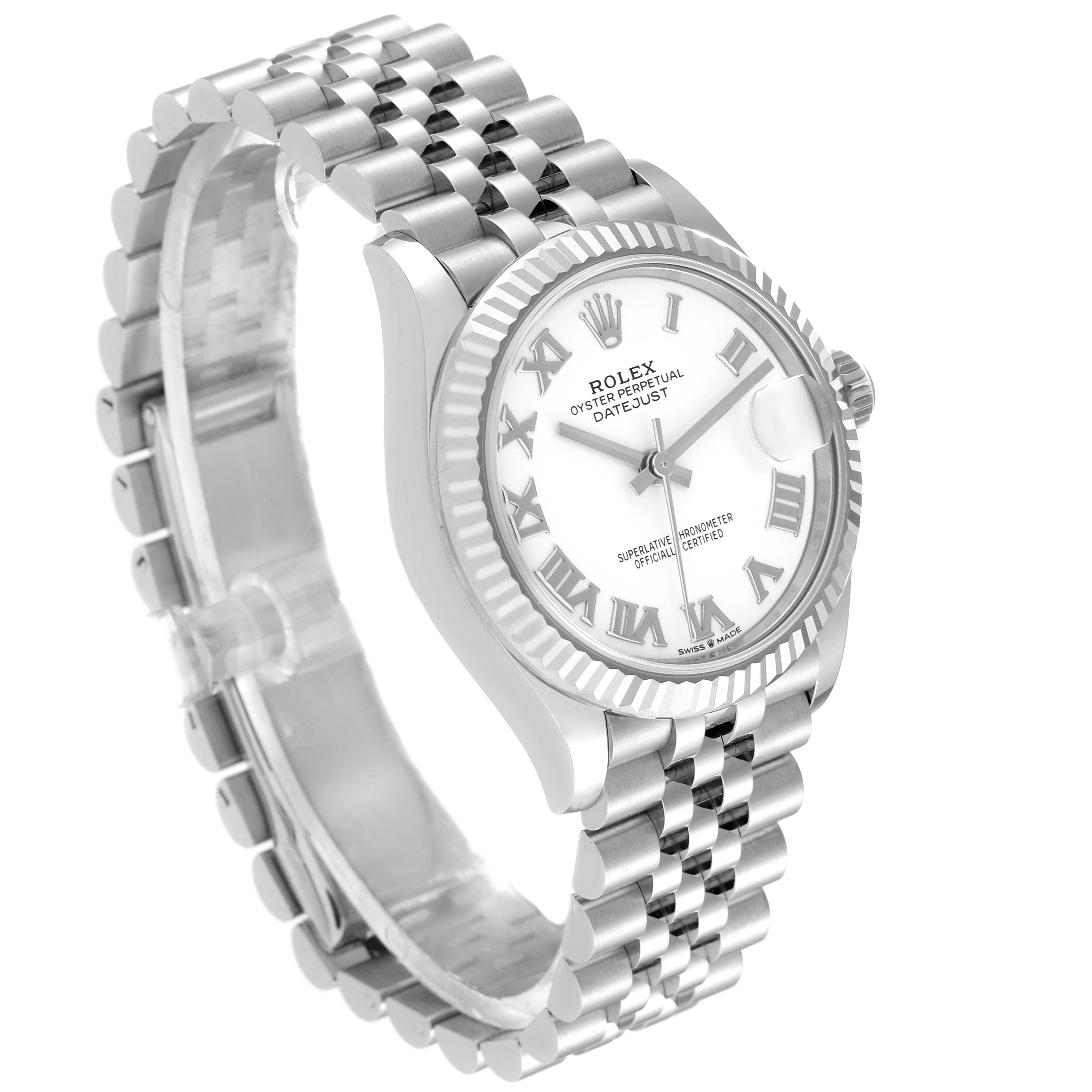 The image shows a Rolex Oyster Perpetual Datejust Mid-Size watch angled to display the face, bezel, crown, and bracelet.